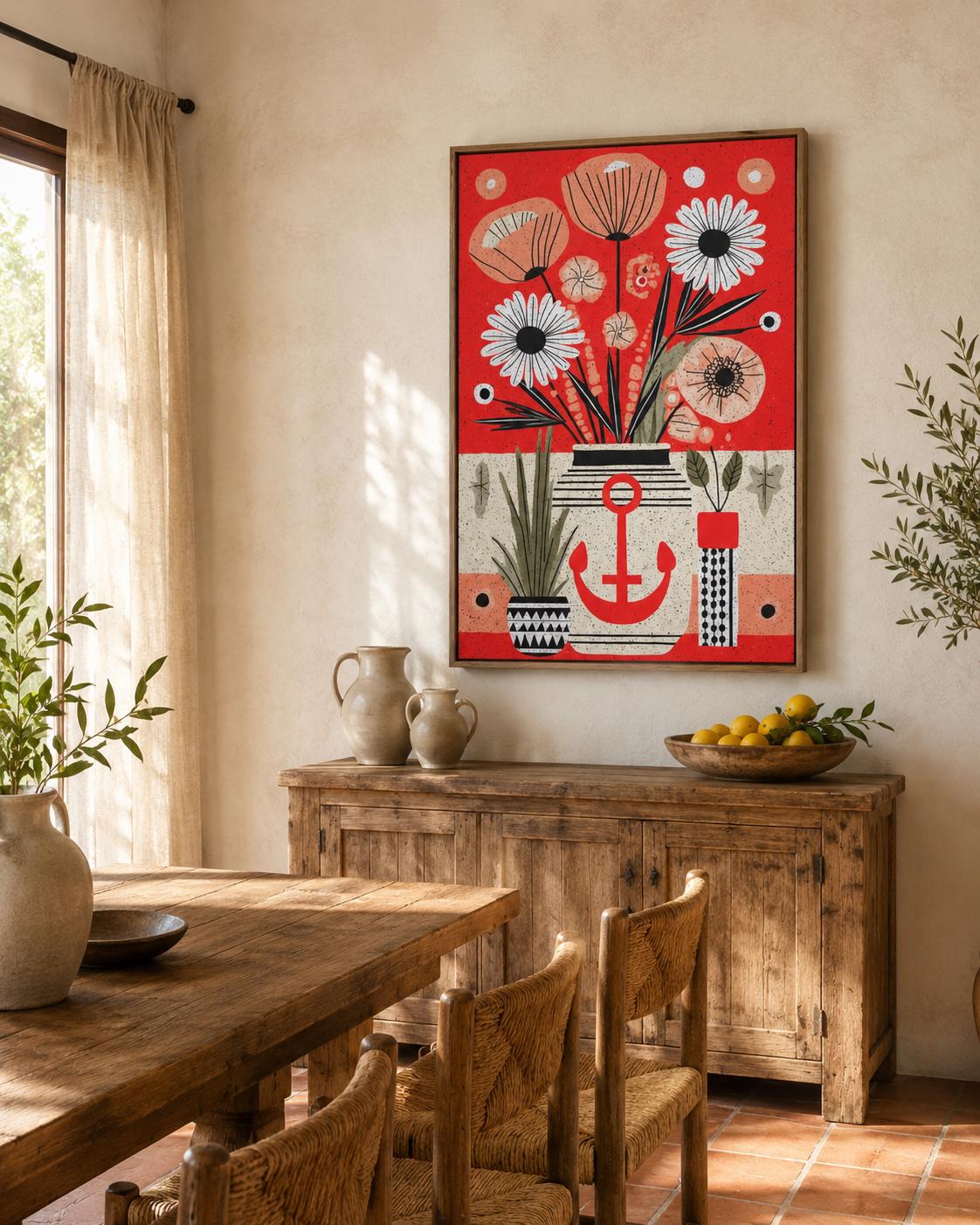 Woman looking at red anchor floral artwork in a modern room