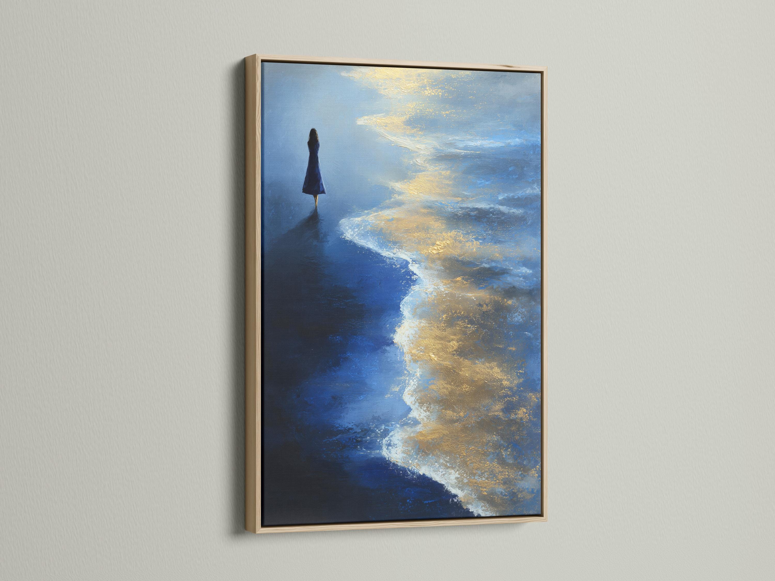 Painterly seascape with a lone silhouette standing in a blue ocean under glowing gold and ivory clouds detail view