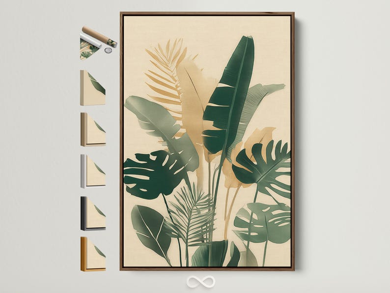 Stylised tropical leaves botanical artwork in cream, beige and green tones
