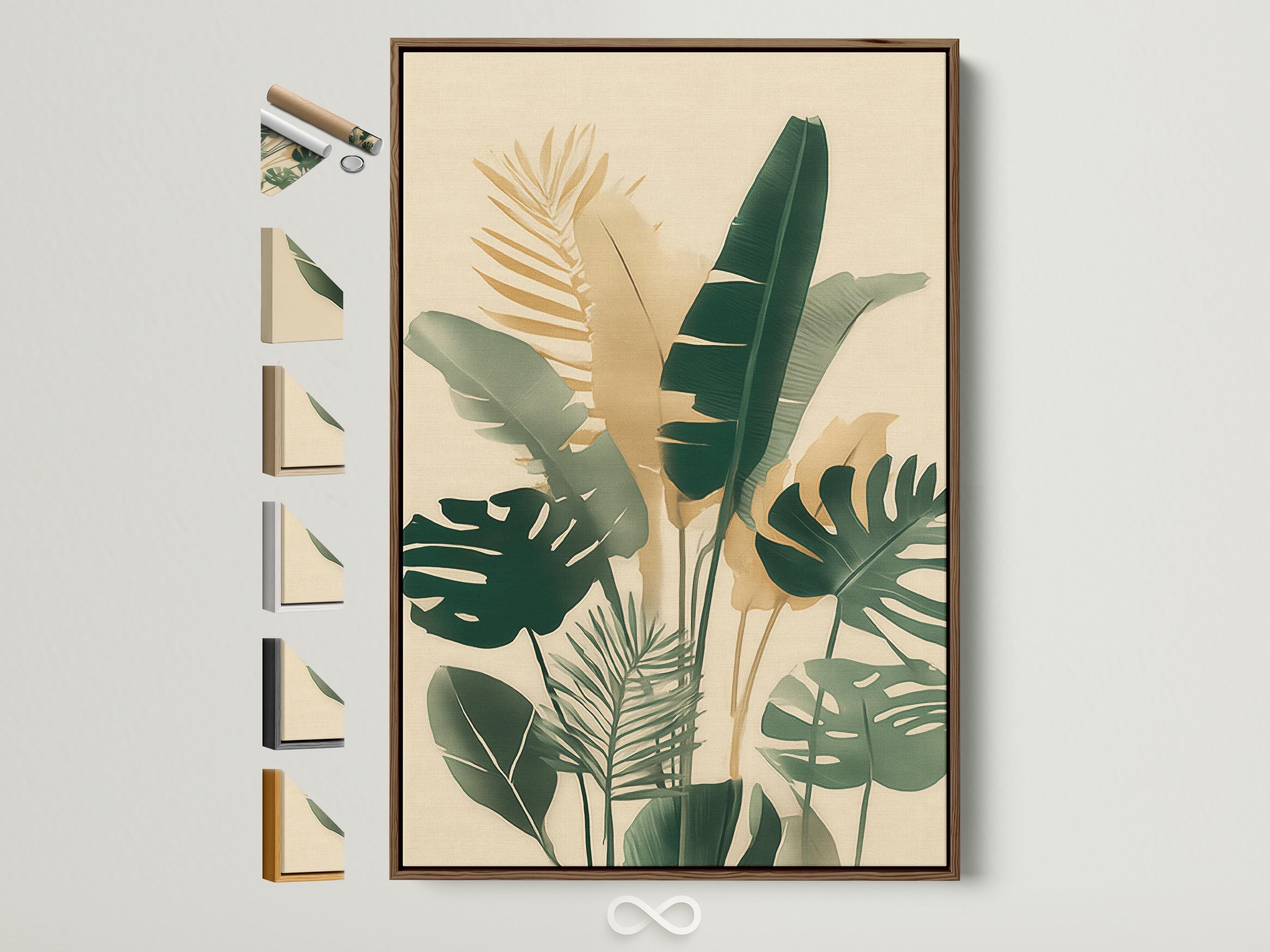 Stylised tropical leaves botanical artwork in cream, beige and green tones