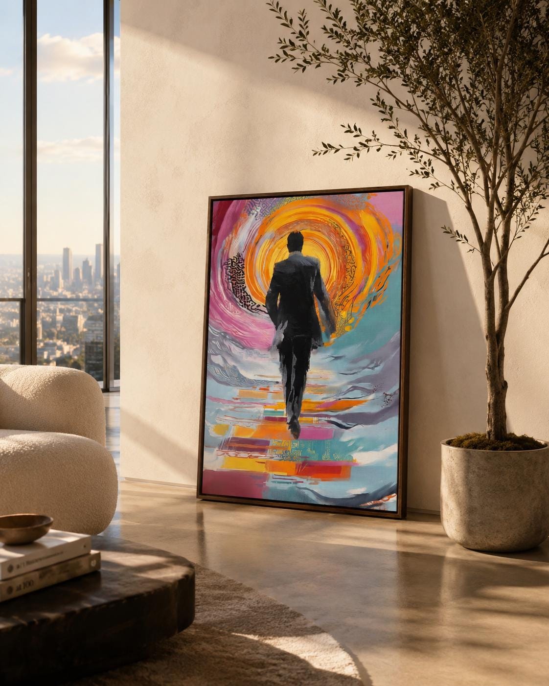 Person seated in a living room with a framed abstract man silhouette artwork on the wall