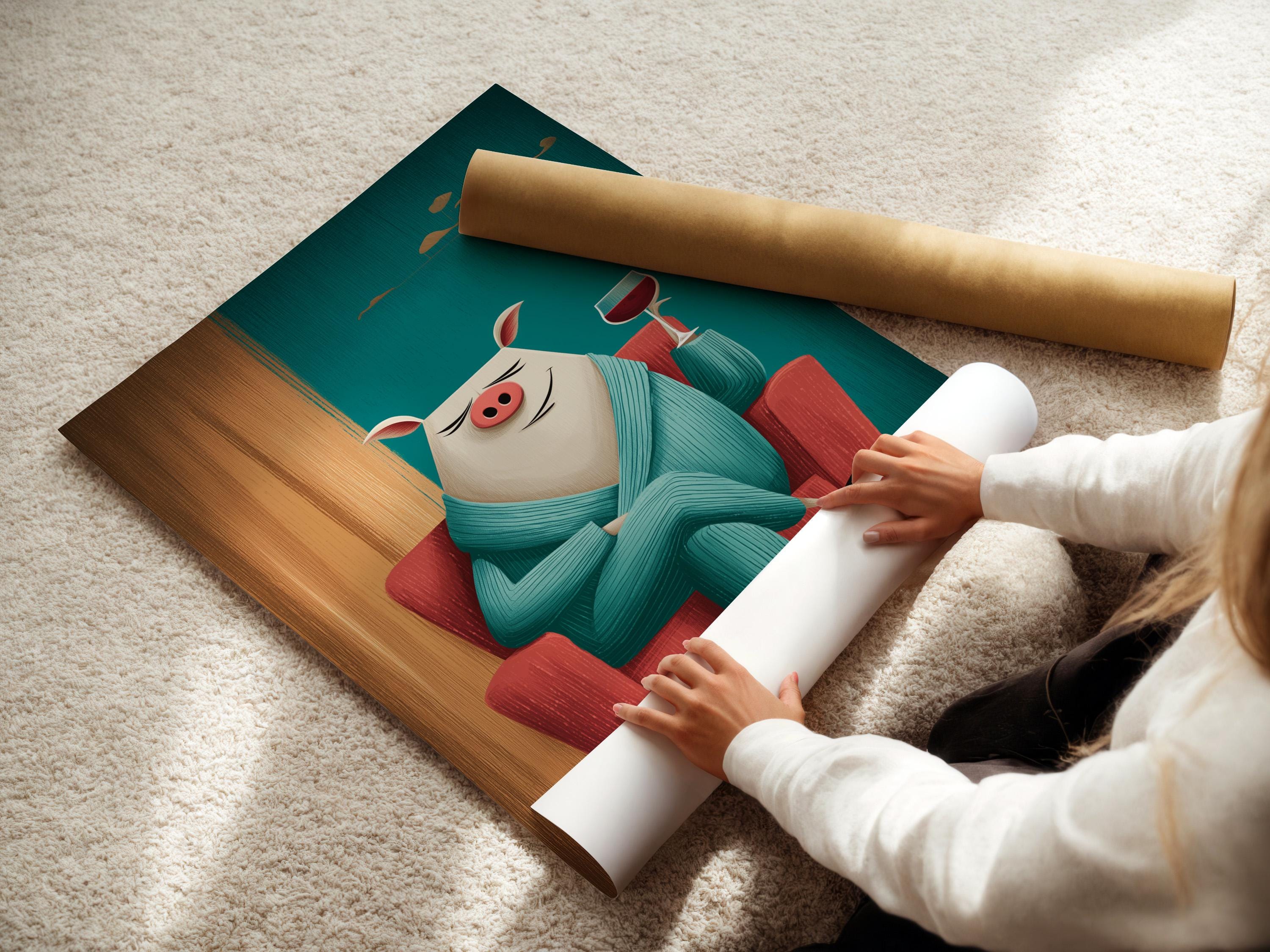 Illustration of a smiling pig in a teal jumper holding a wine glass detail view