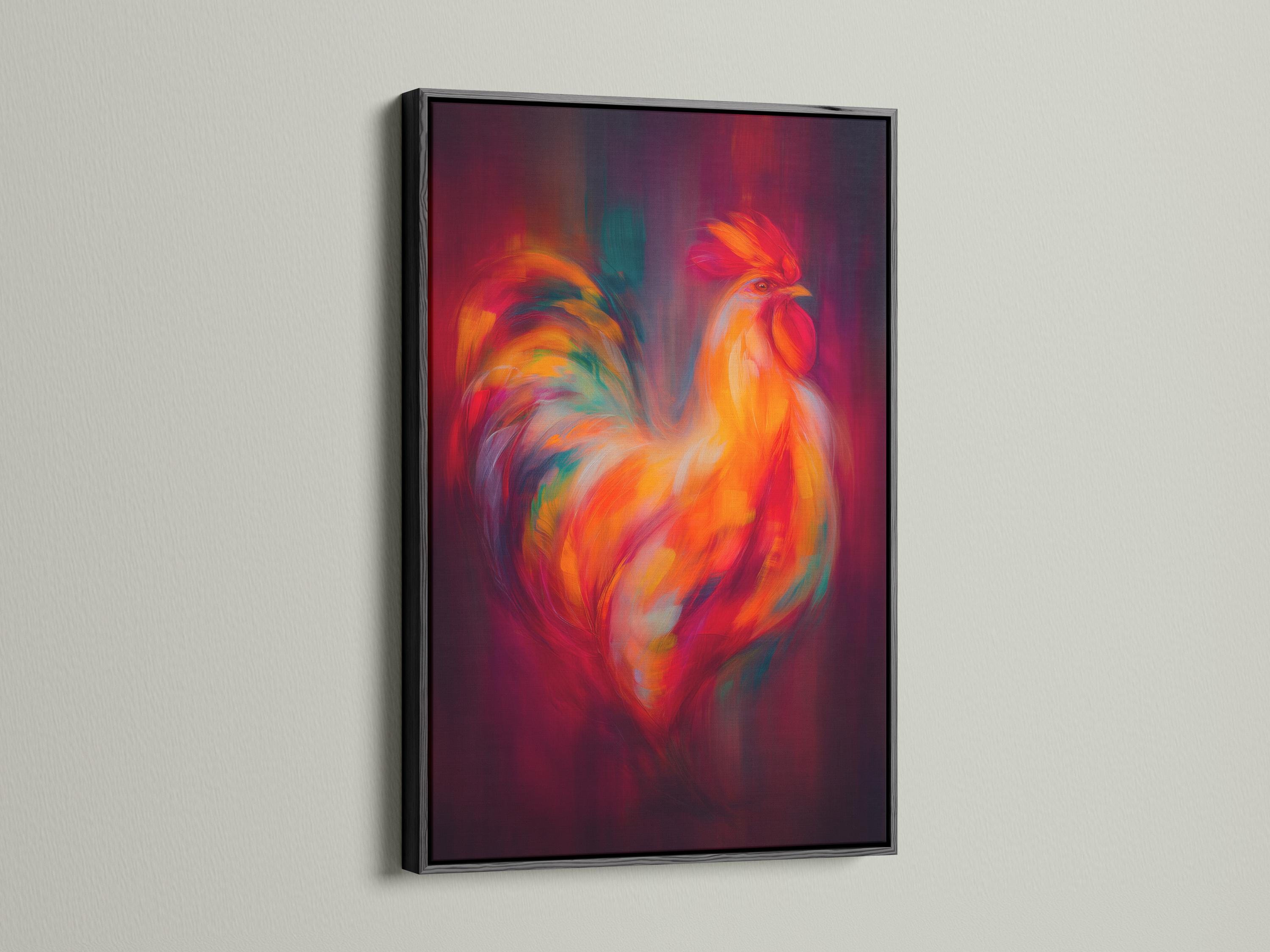 A stylised rooster portrait in vibrant orange and red with a deep purple background detail view