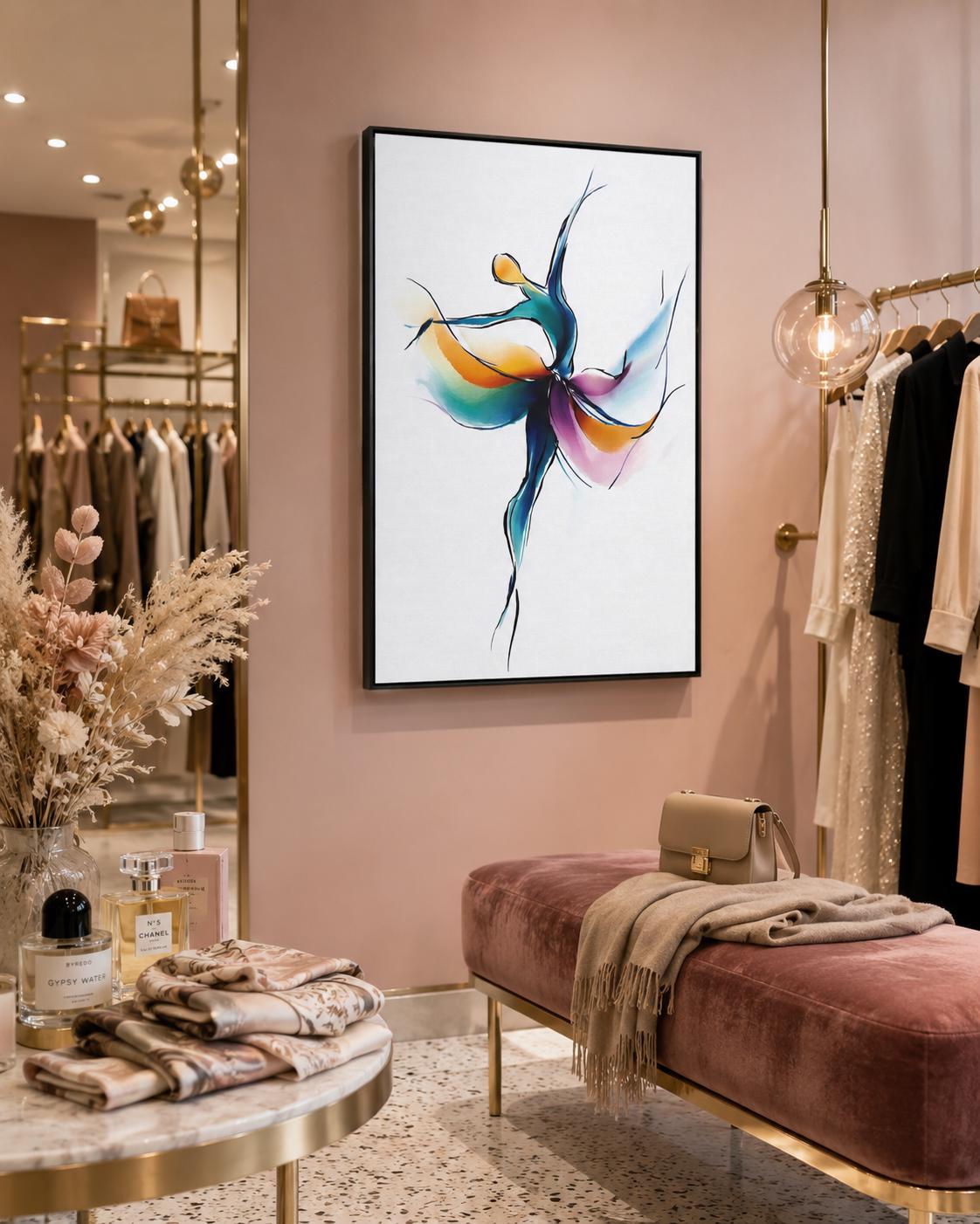 Woman stretching in a dance studio with a framed abstract dancer artwork on the wall