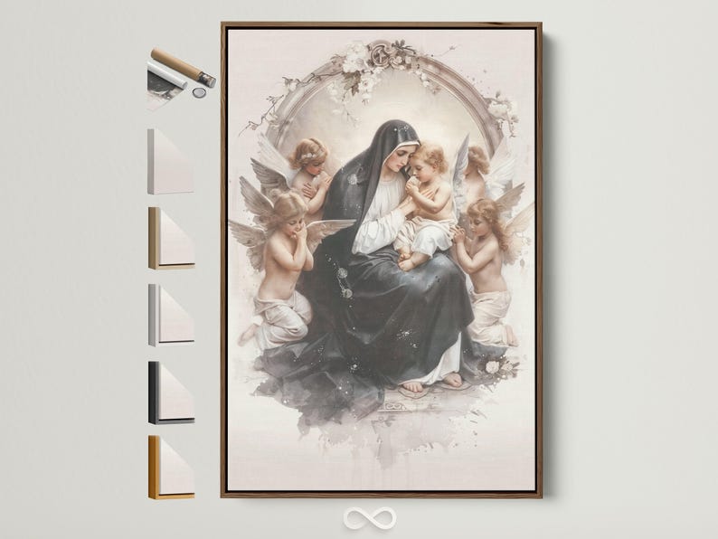 Madonna and Child religious artwork with winged cherubs and a floral arch in cream and grey tones