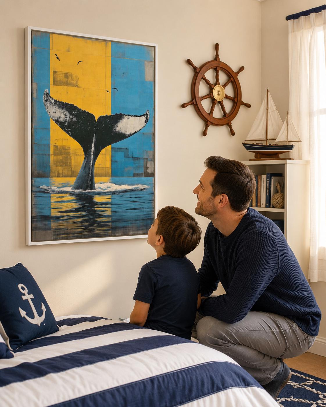 Room mockup showing framed whale tail ocean artwork above a sofa by windows
