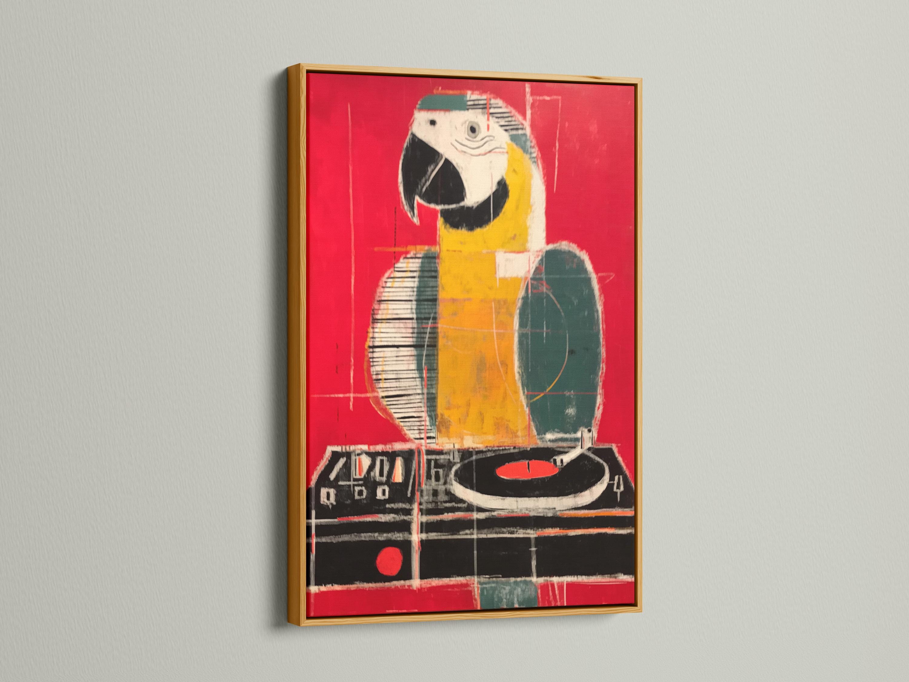 Stylised parrot-like bird artwork in red, yellow and black with painterly, grid-like lines detail view