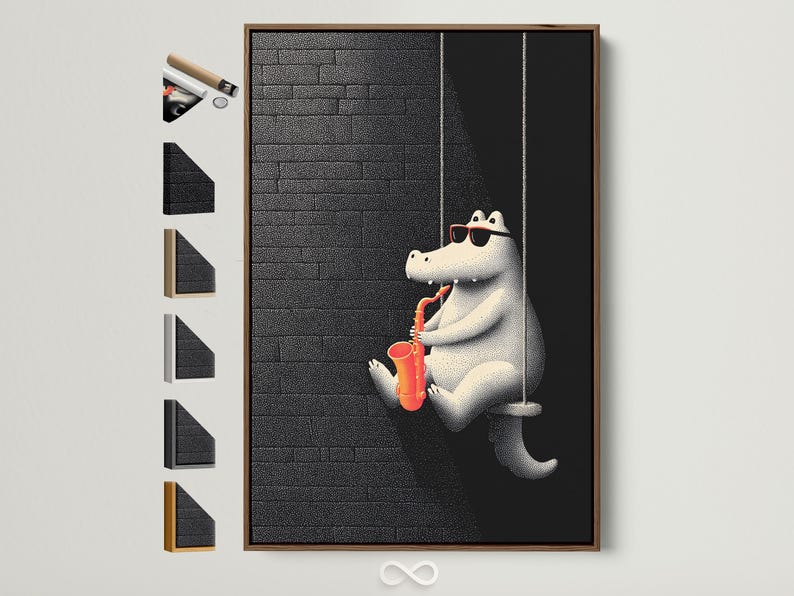 Stylised alligator with sunglasses playing a red-orange saxophone on a black speckled grid background