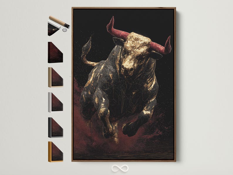 Geometric bull with gold facets, muted red horns and a dark speckled background