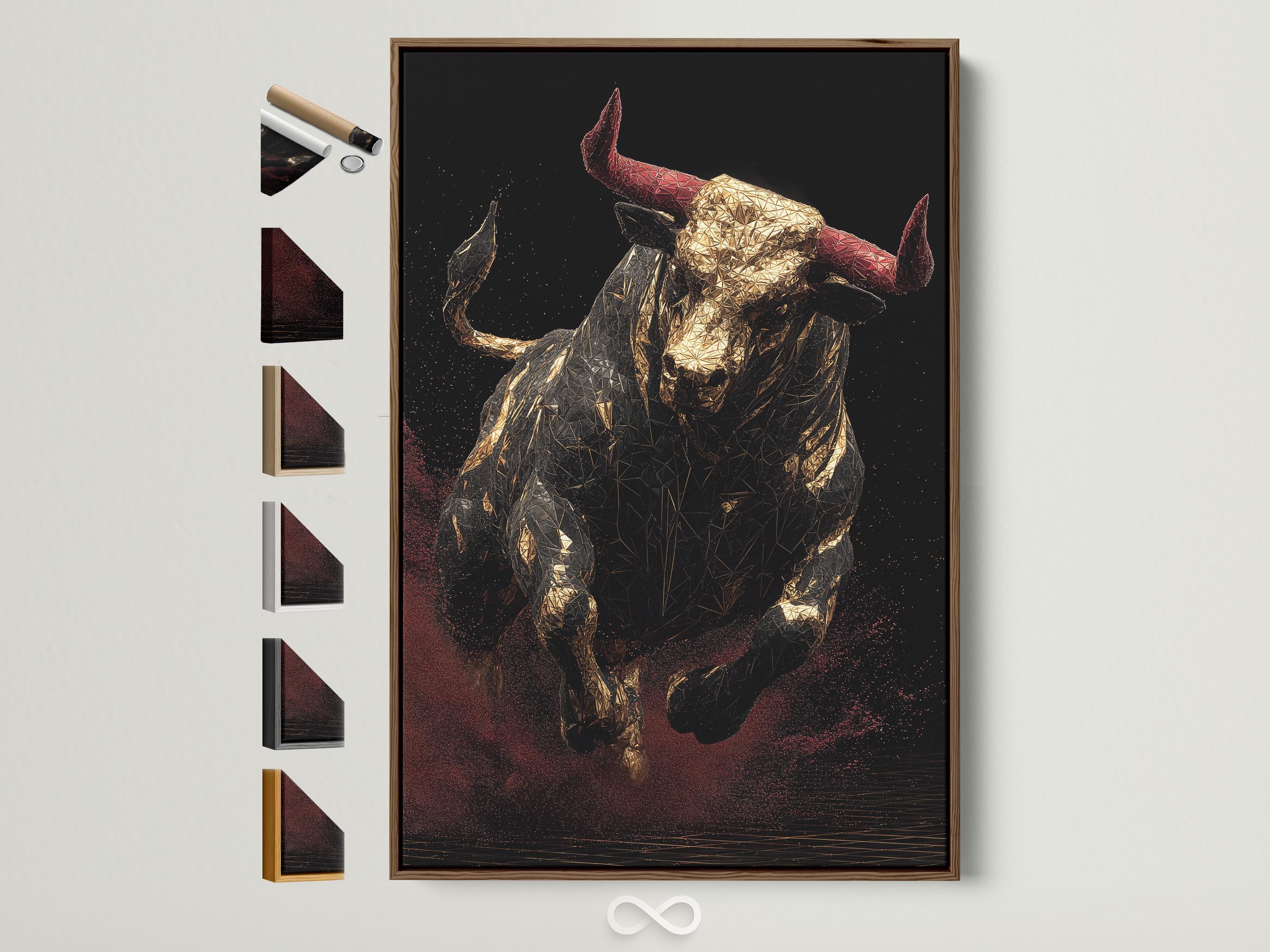 Geometric bull with gold facets, muted red horns and a dark speckled background