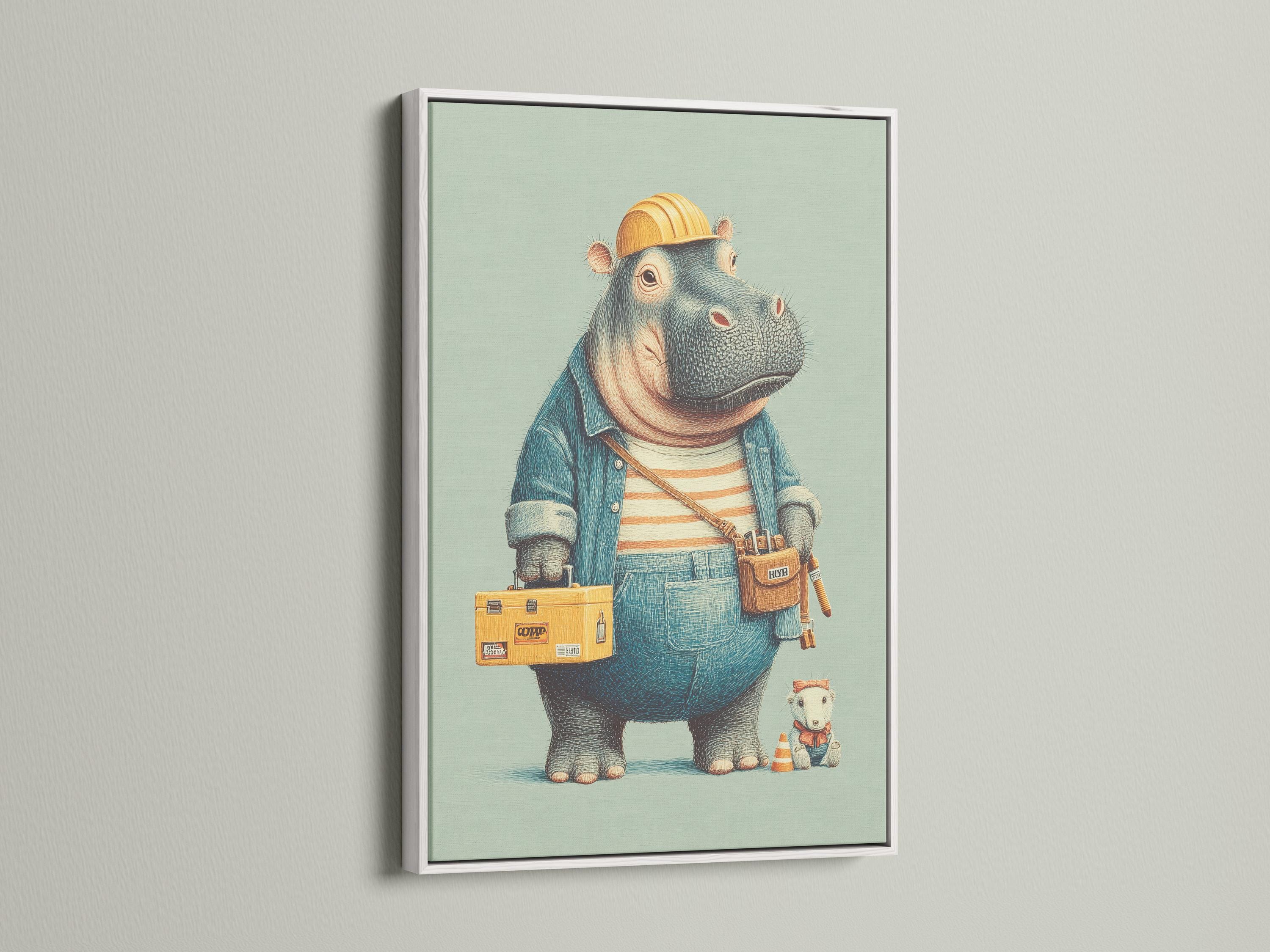 A family sitting on a bed looking at a framed hippo builder artwork above a shelf