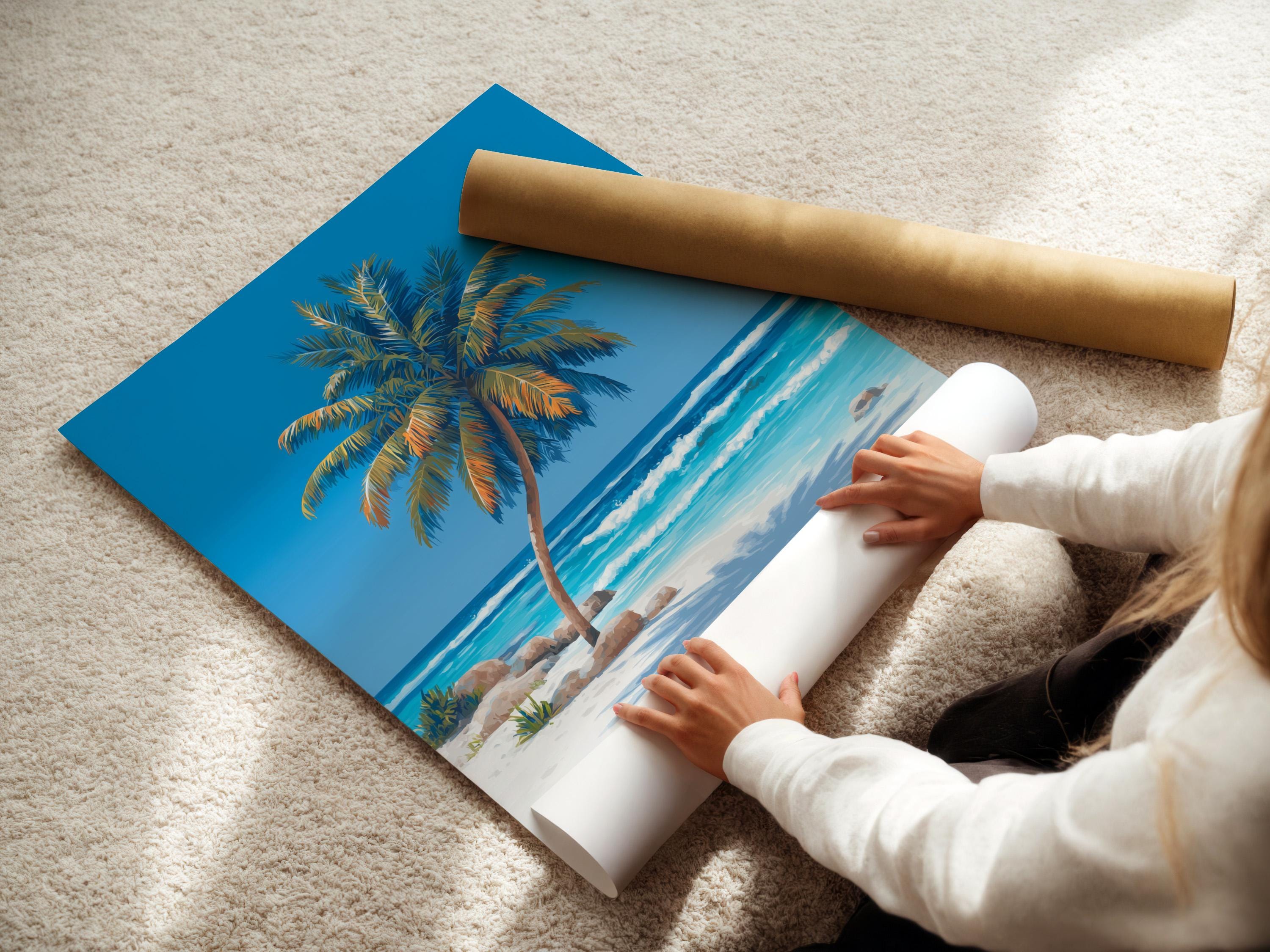 Tropical beach scene with a palm tree, turquoise ocean waves, and a blue sky detail view