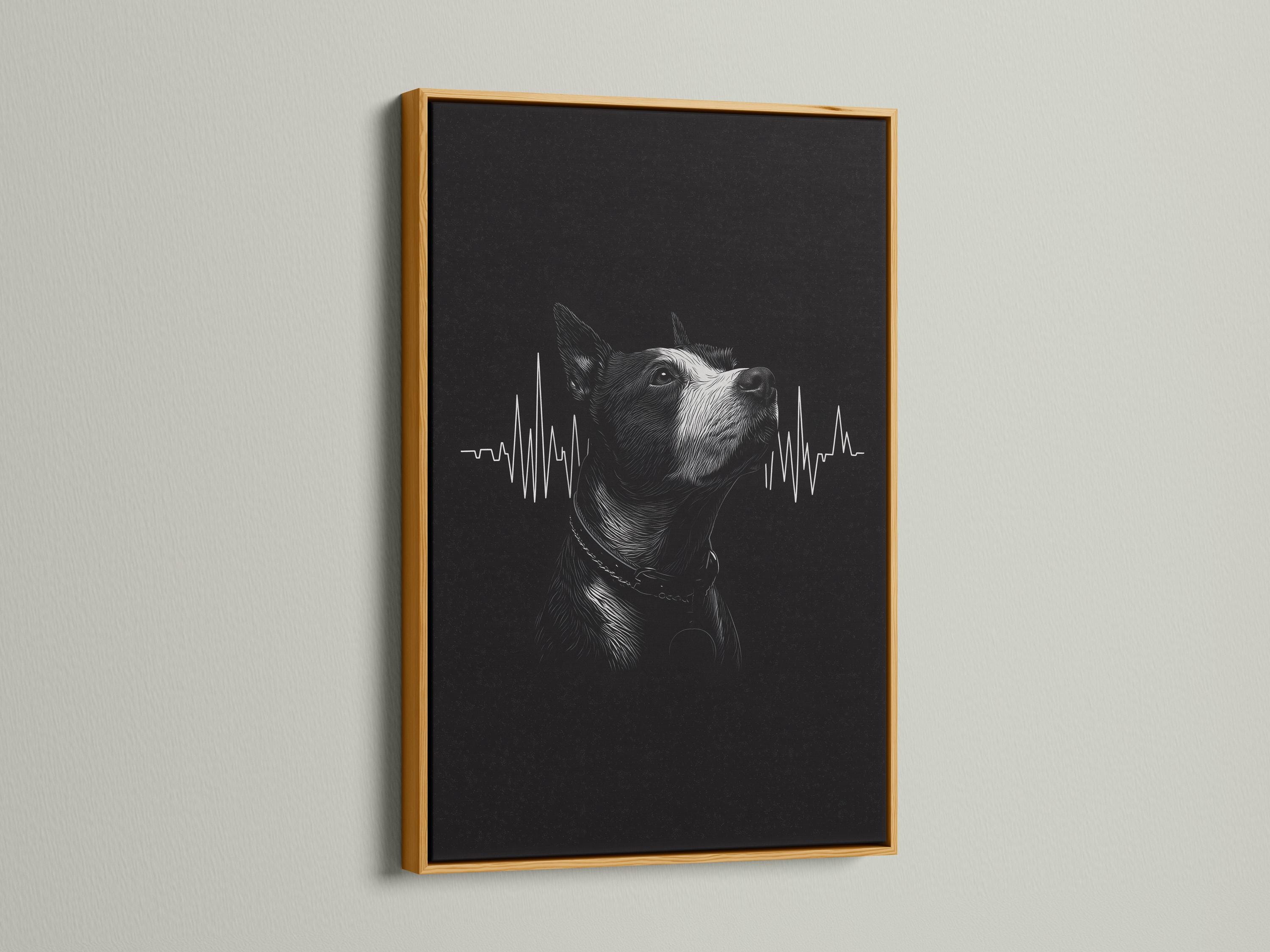 Room mockup showing a framed monochrome dog portrait with a heartbeat waveform on a dark background