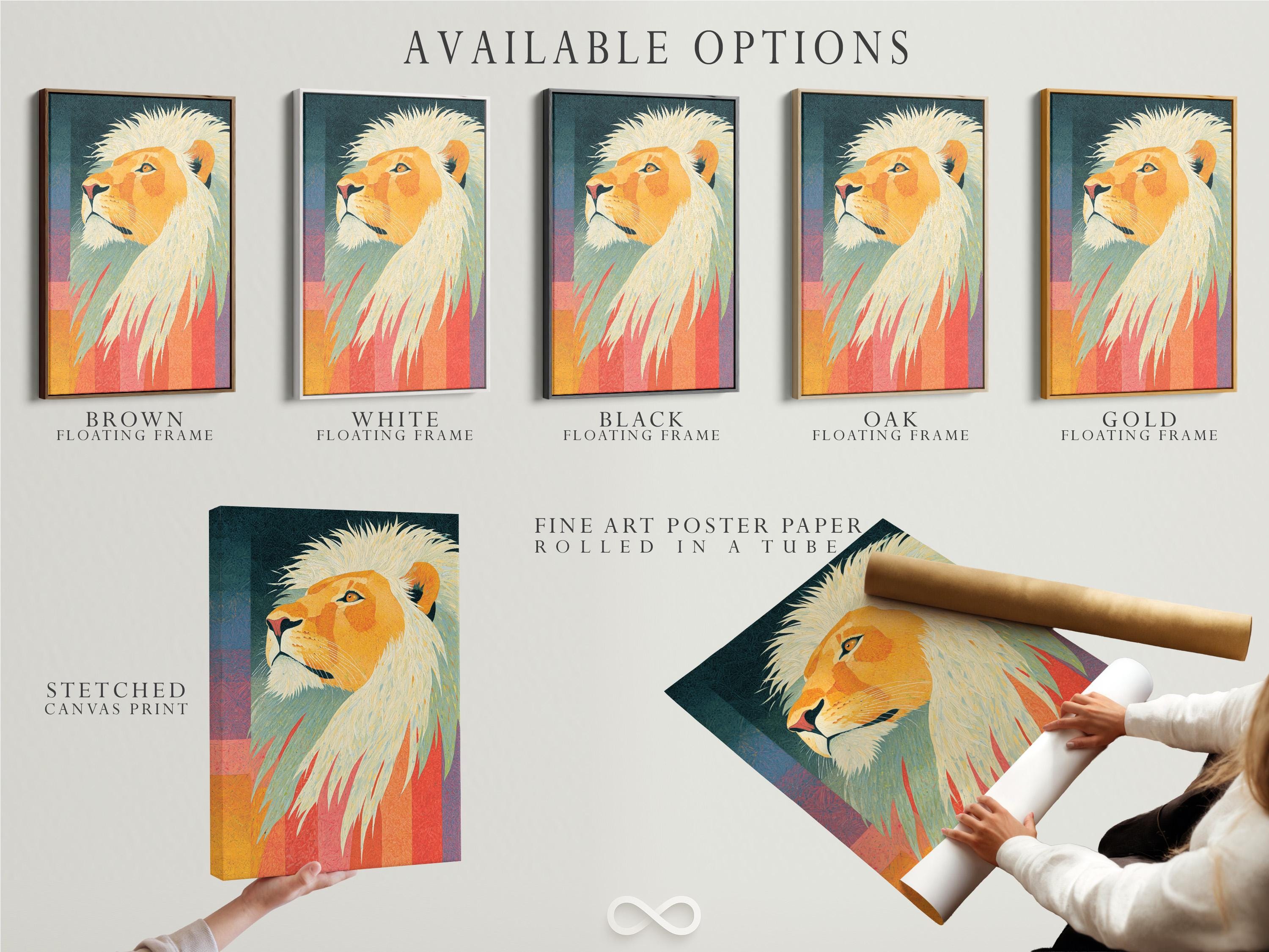 A lion portrait is shown in bright golden ochres with pale cream mane, set against a teal and sunset-coloured geometric background detail view