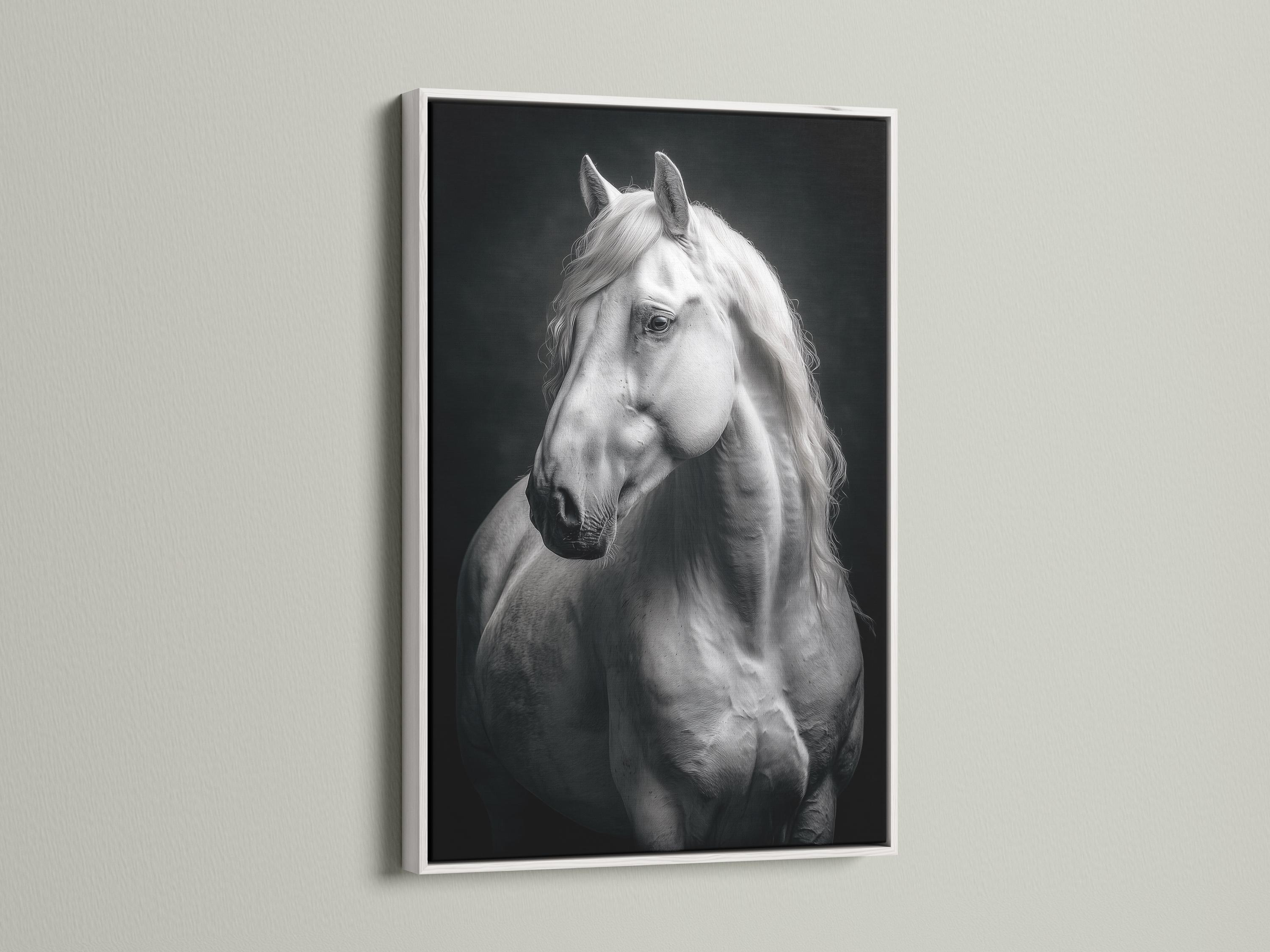 Room mockup showing a framed black and white horse portrait artwork