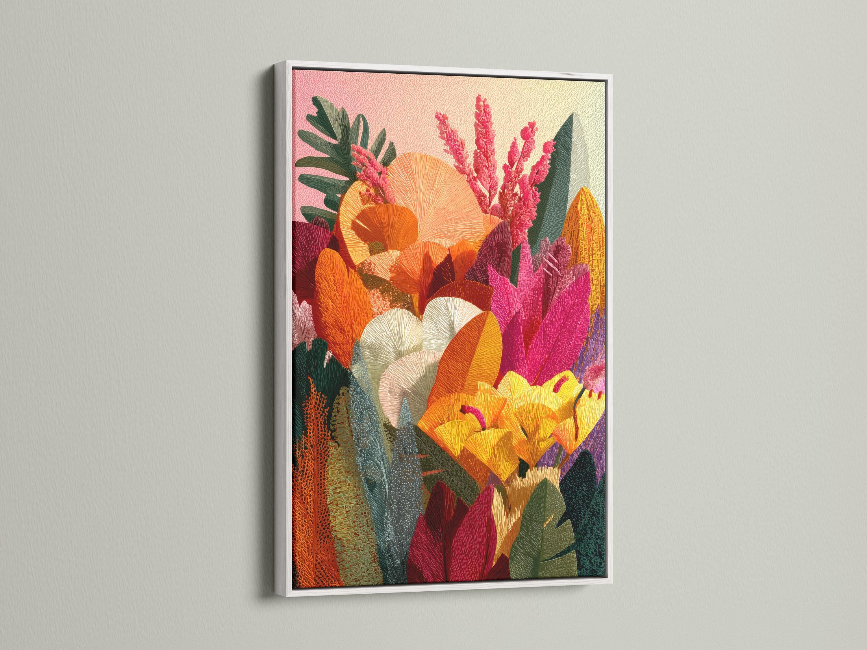Colourful floral botanical artwork with orange and yellow blossoms, pink flowering spikes and green leaves detail view