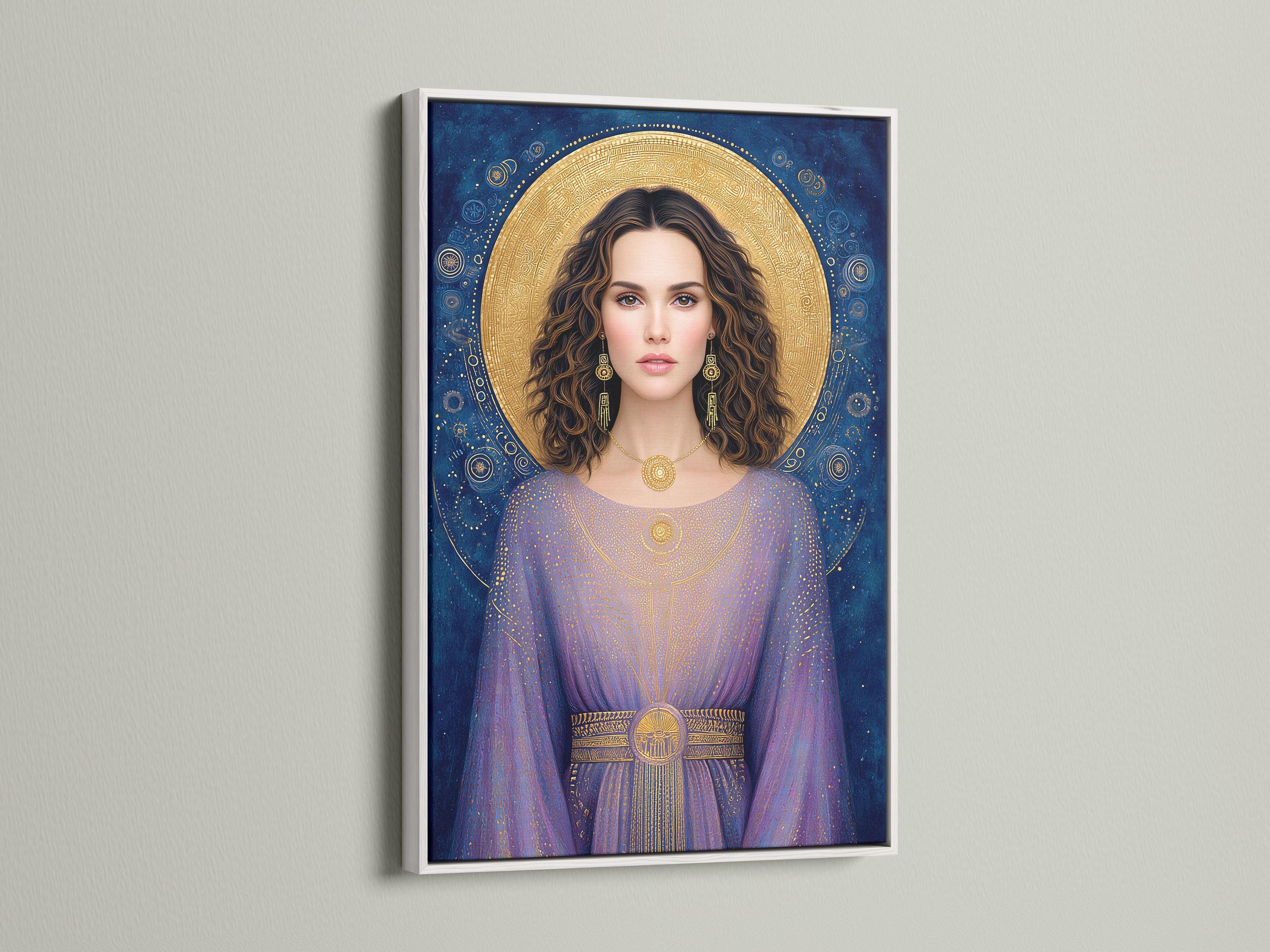 Celestial goddess portrait with a gold halo, blue and purple robe, and decorative star-like speckles detail view