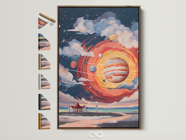 Glowing planet and lighthouse in a cosmic scene with swirling clouds and stars
