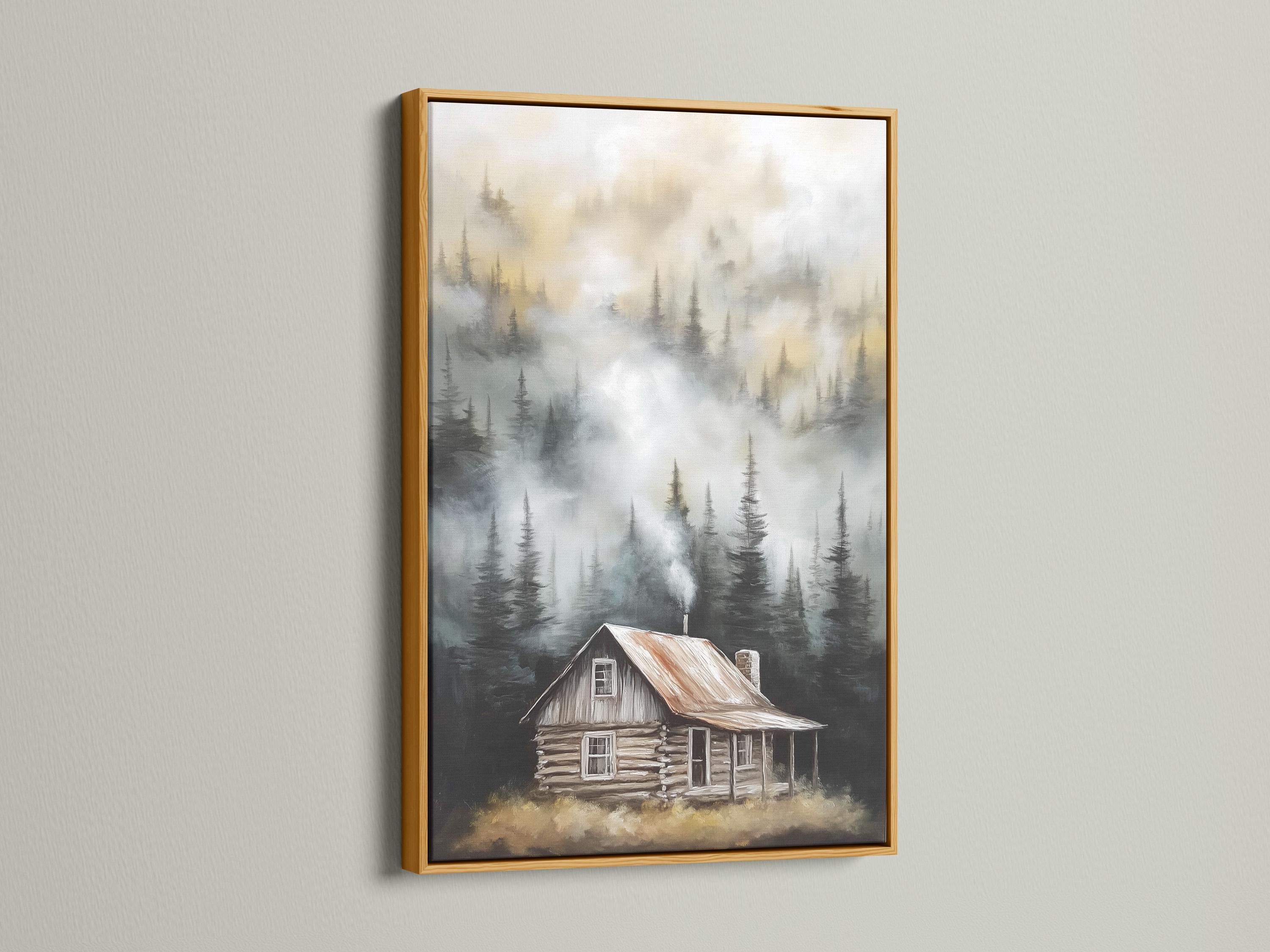 Misty forest with tall pine trees and a rustic cabin in the foreground detail view