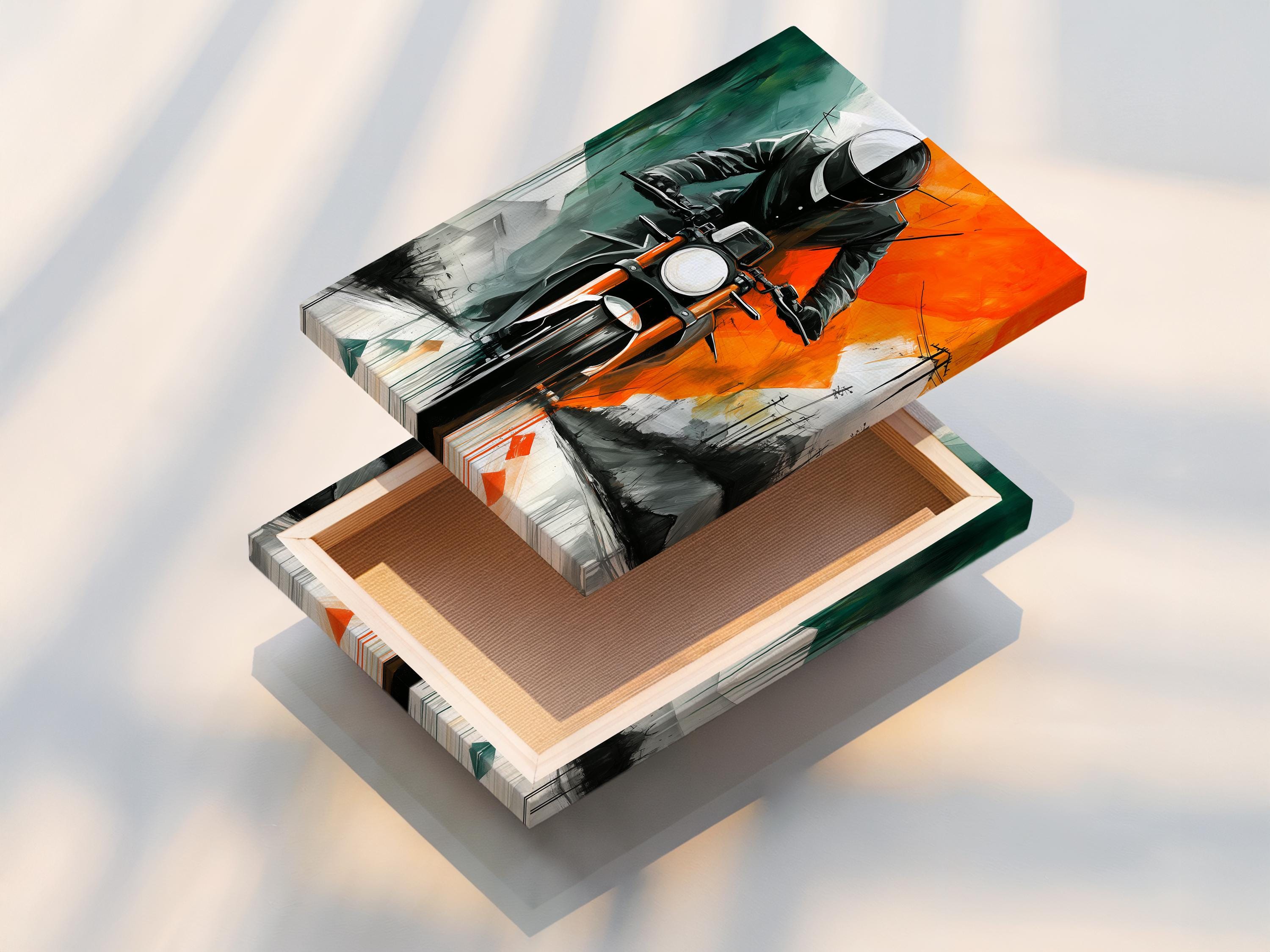 Stylised motorcyclist with helmet, headlight and retro road scene in orange, teal and grey detail view