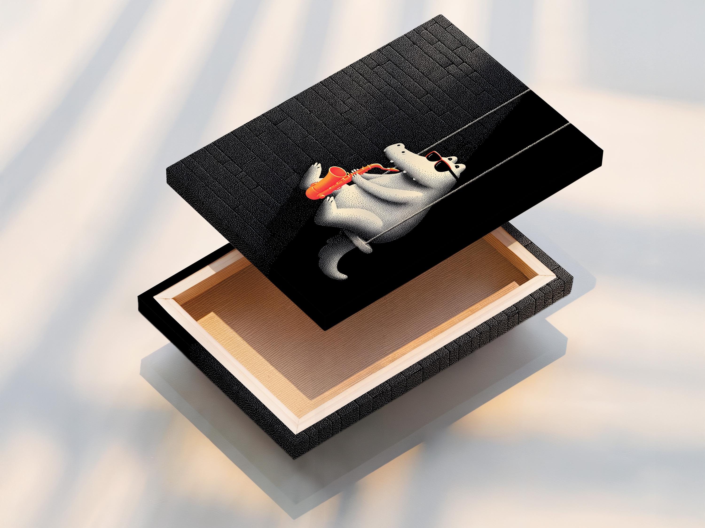 Stylised alligator with sunglasses playing a red-orange saxophone on a black speckled grid background detail view