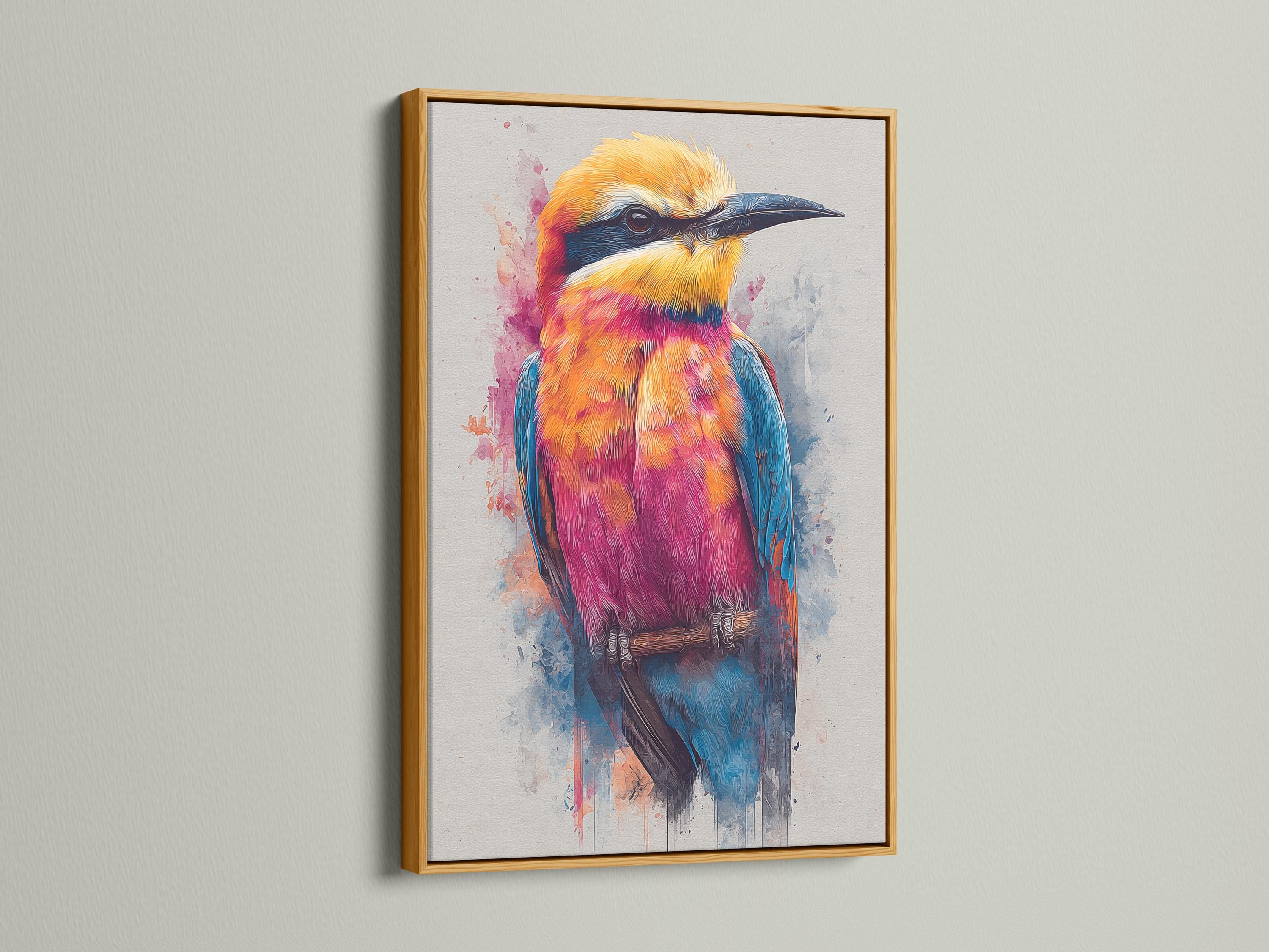 Colourful stylised bird in orange, pink and turquoise with splatter washes on a light background detail view