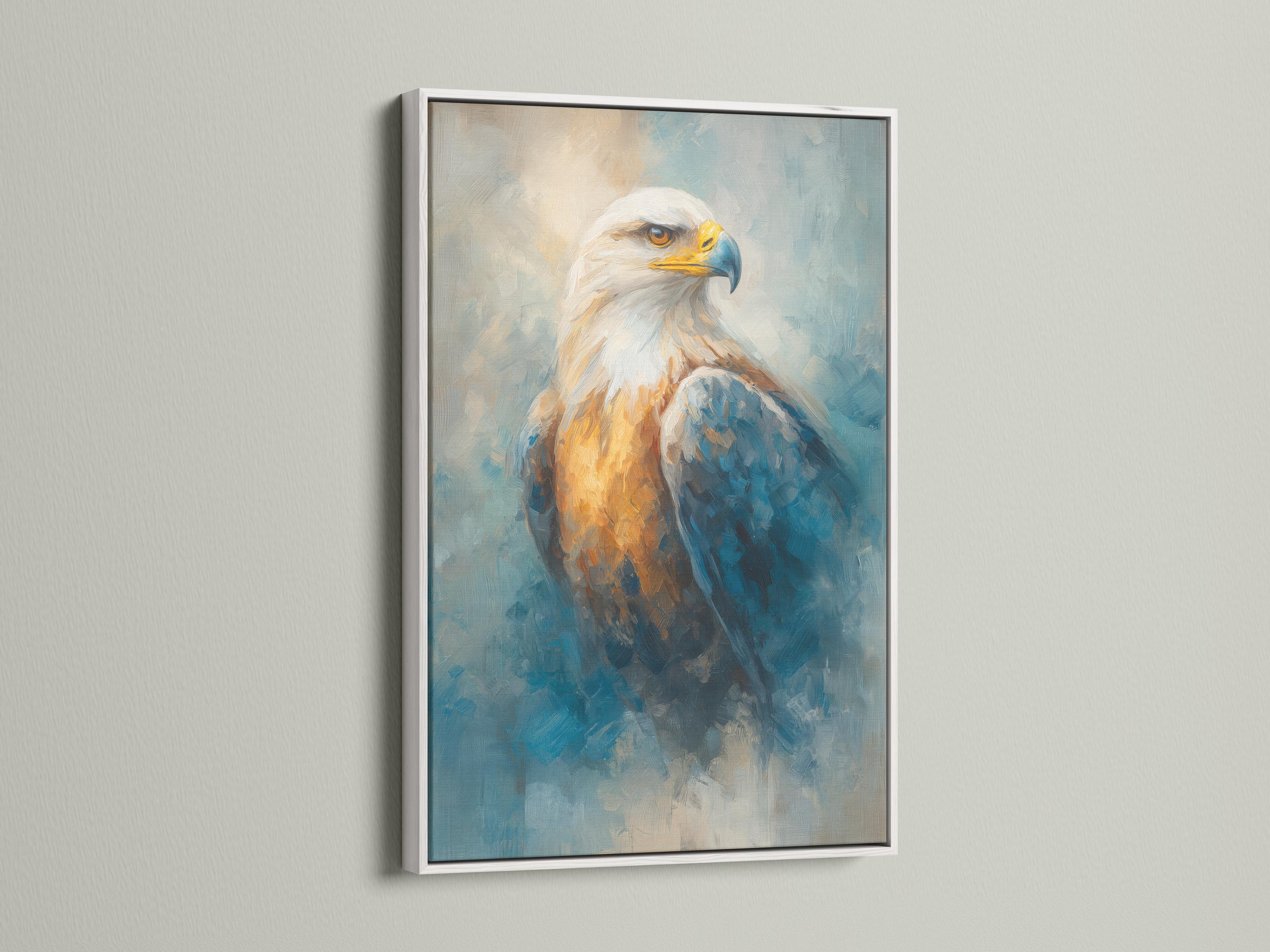 Room mockup showing framed eagle wall art with teal-blue and gold tones