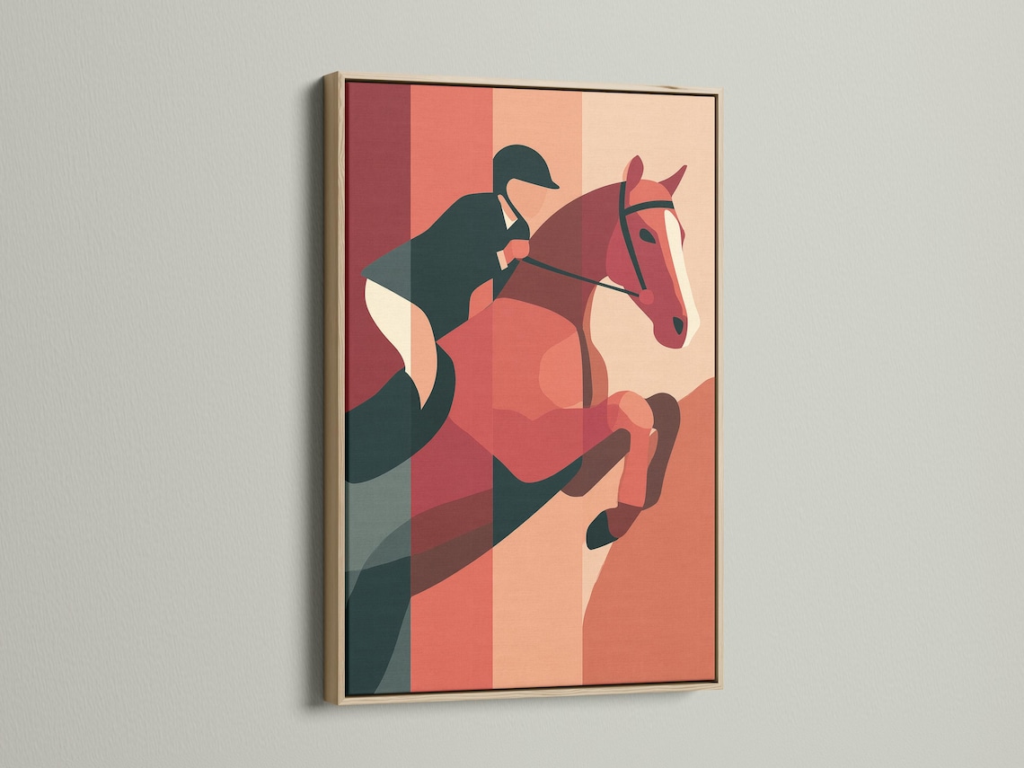 Geometric horse artwork with terracotta, pink and teal blocks detail view