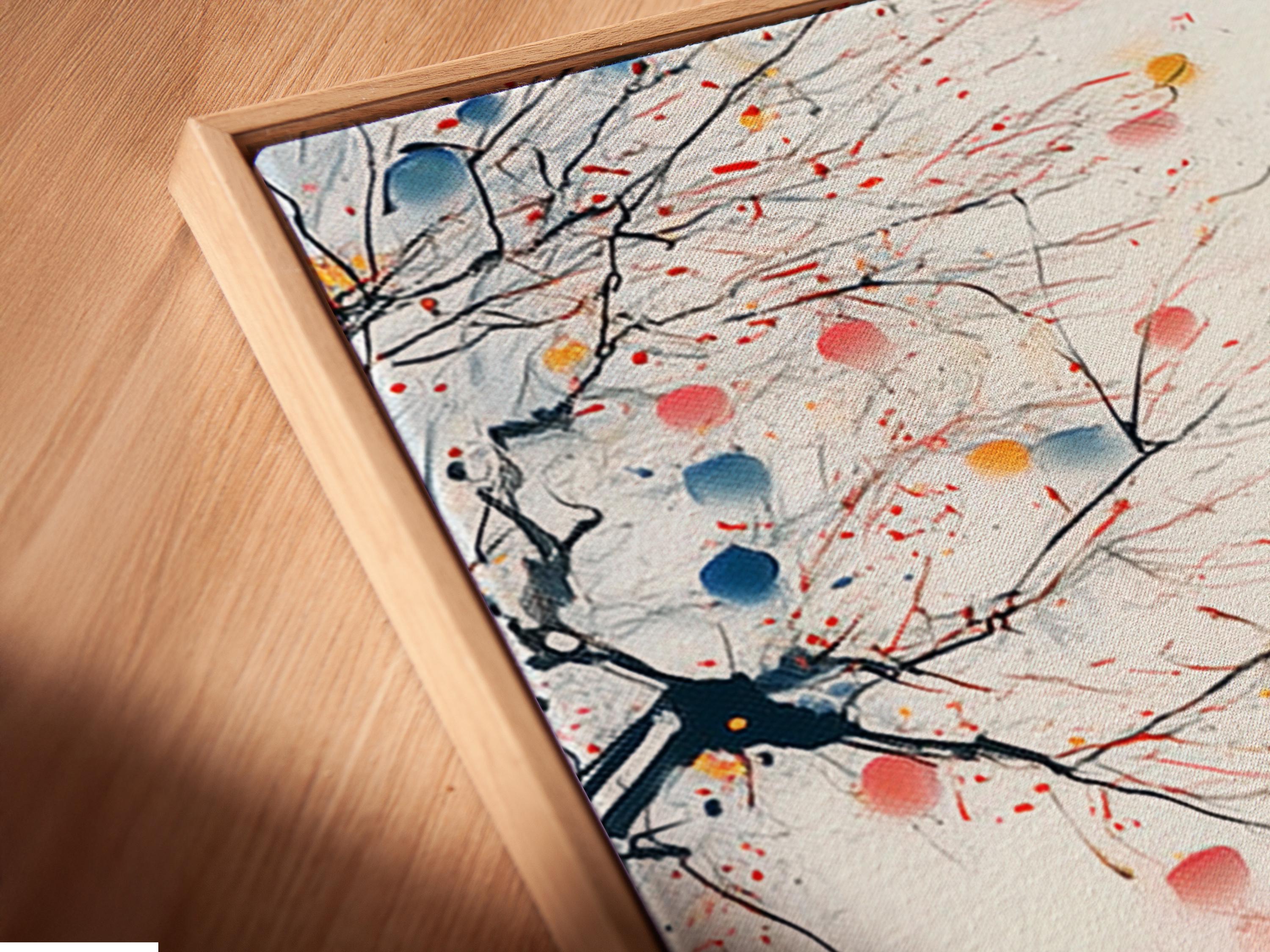 Eiffel Tower cityscape in red and gold with branches and blossom-like dots detail view