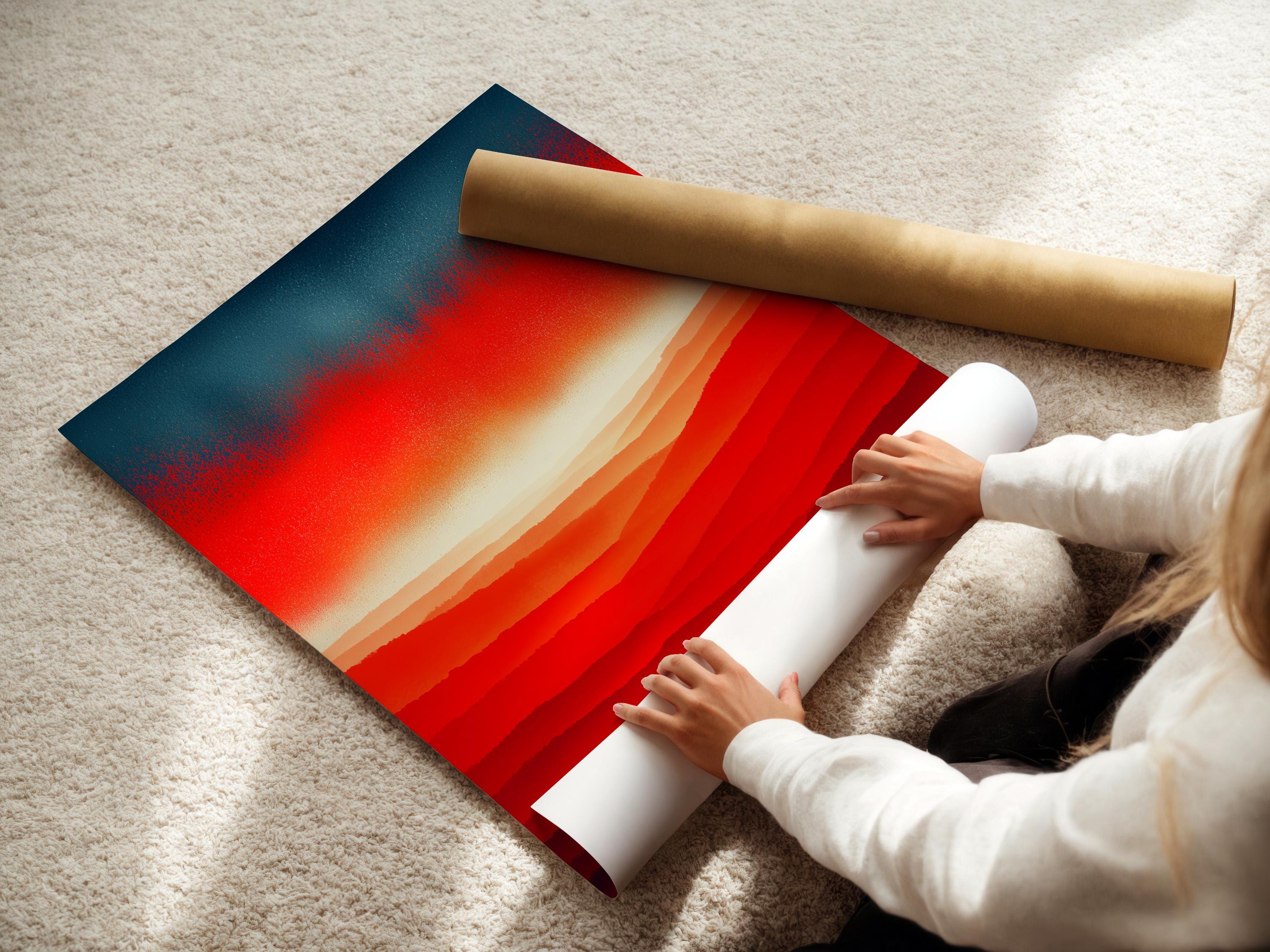 Room mockup showing a red orange sunset mountain landscape artwork on a wall
