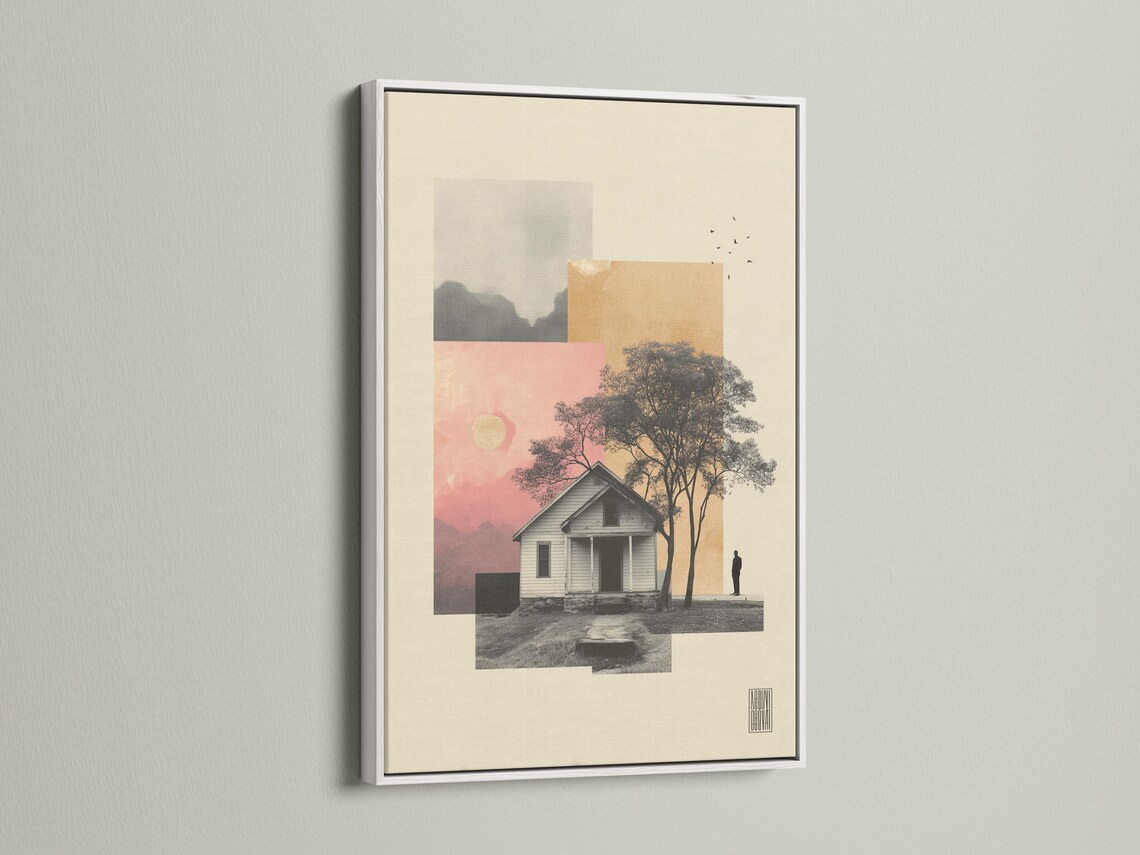 Portrait framed artwork mockup showing a small house and tree silhouettes on beige and pink layered background