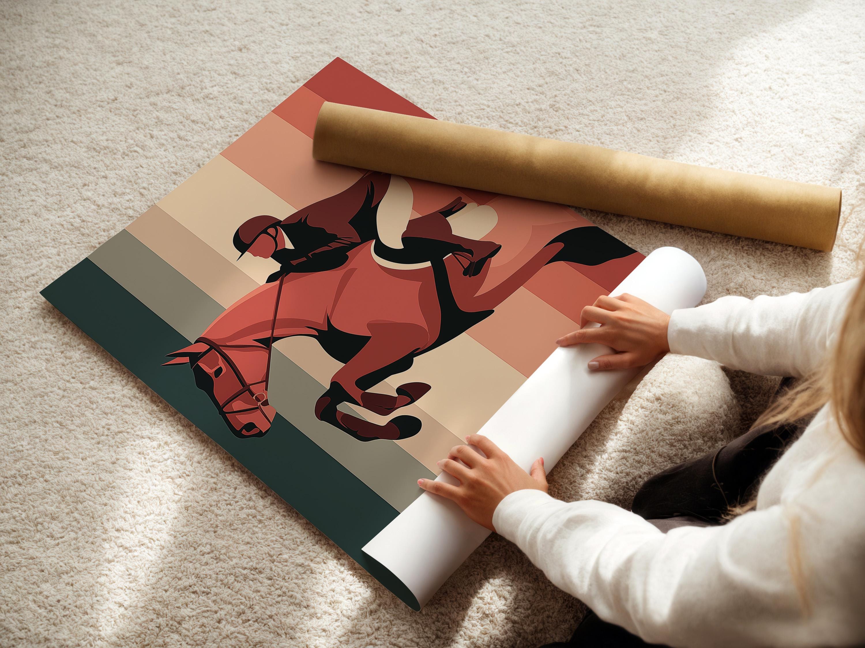 Room mockup with framed retro horse and rider artwork on striped background
