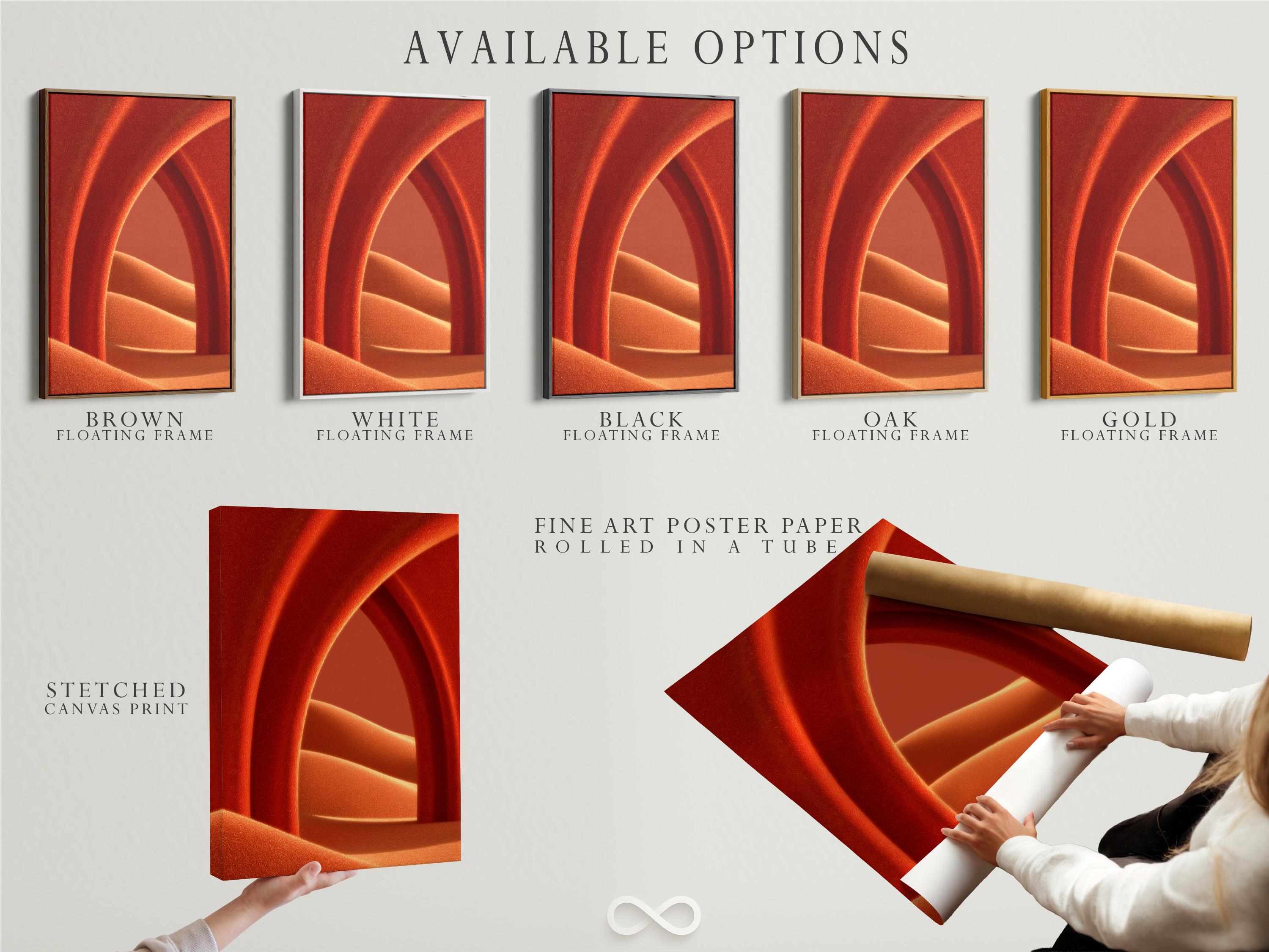 Warm burnt orange abstract arch with copper glow and deep red geometric shadows detail view
