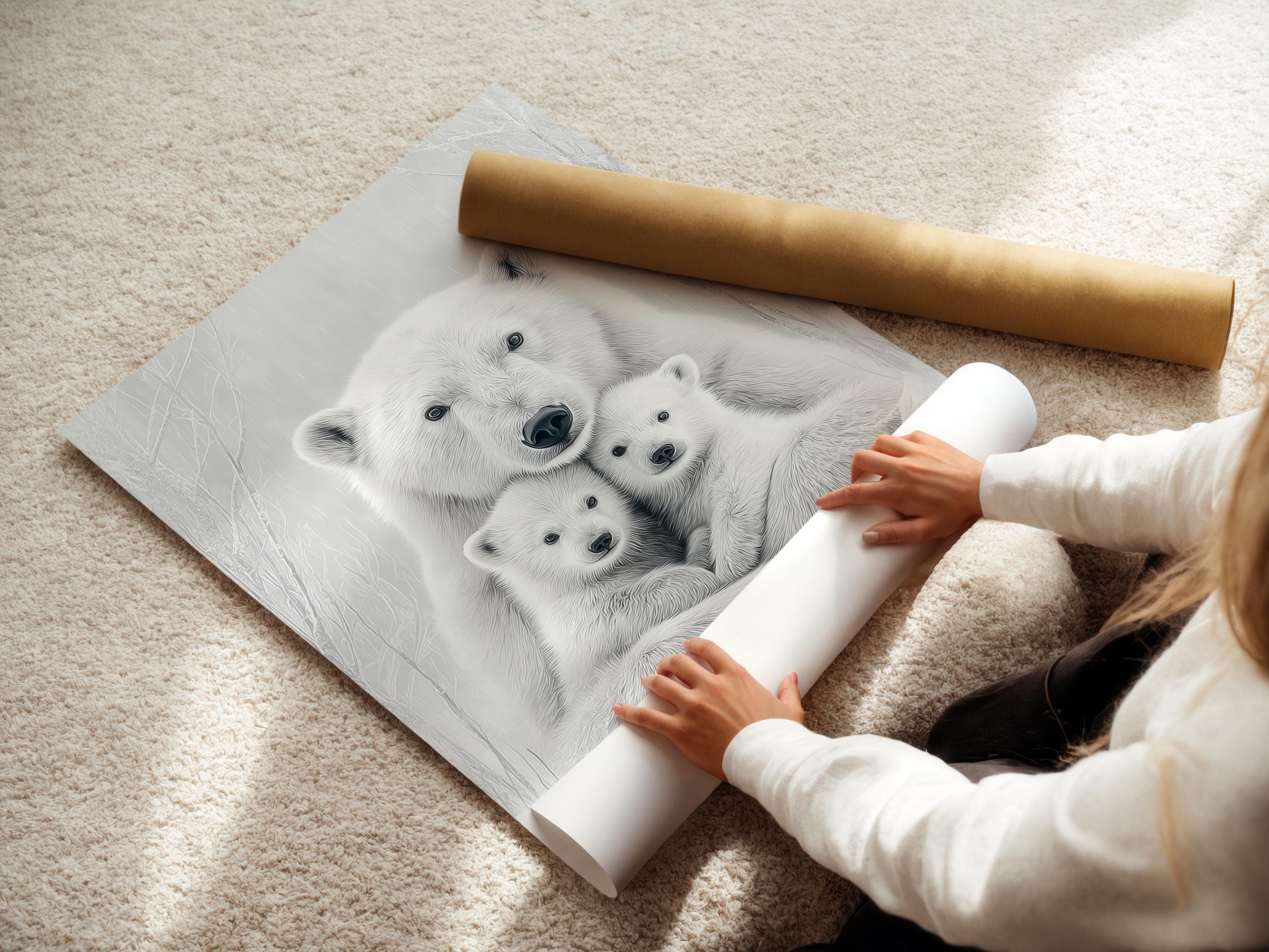 Monochrome polar bear mother and two cubs with faint winter tree-branch outlines detail view