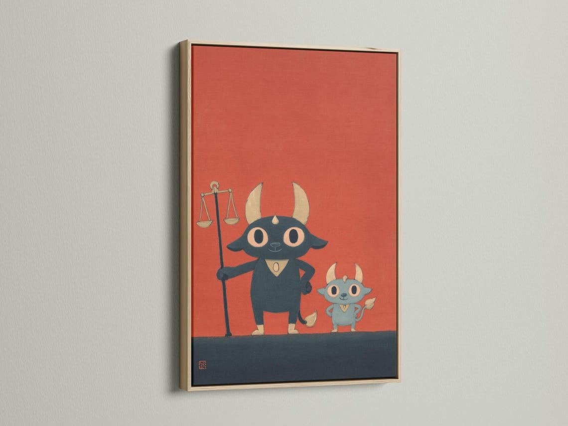 Cartoon bull character holding balancing scales on a coral-red background detail view