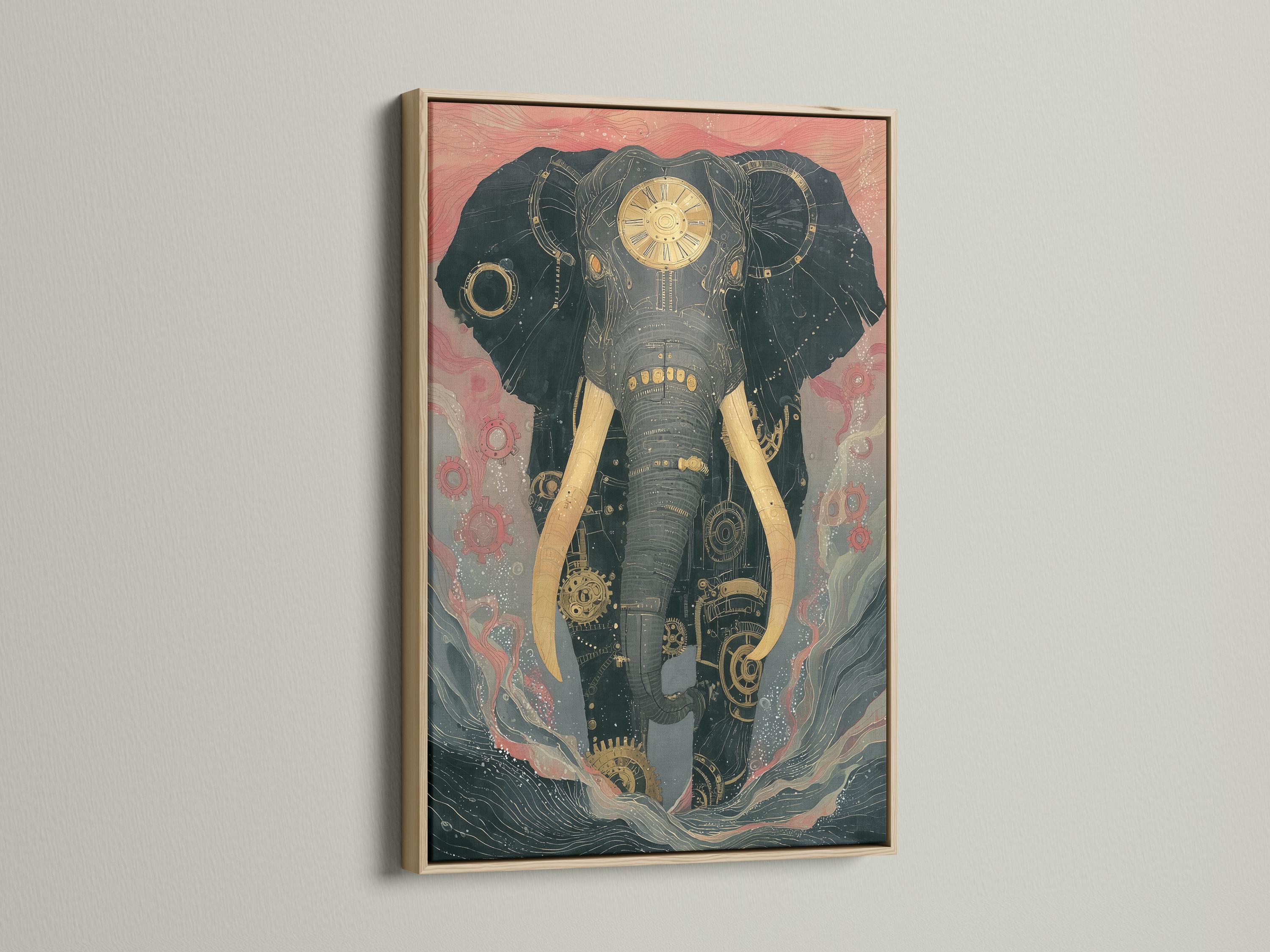 Mechanical elephant illustration with gear and clockwork details in teal, muted pink and gold detail view