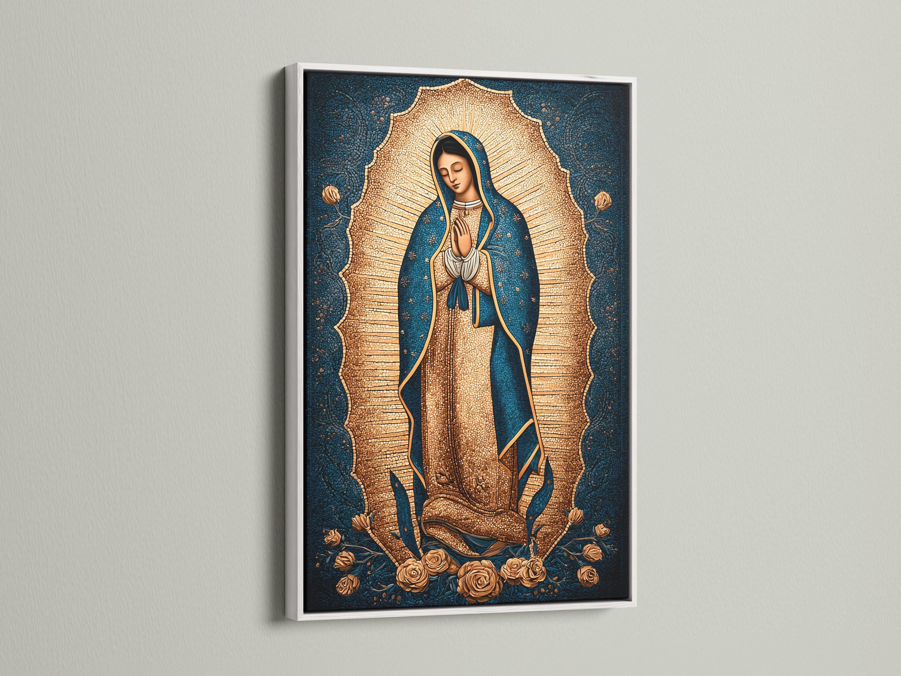 Hooded praying female figure with gold halo rays and roses on a blue textured background detail view
