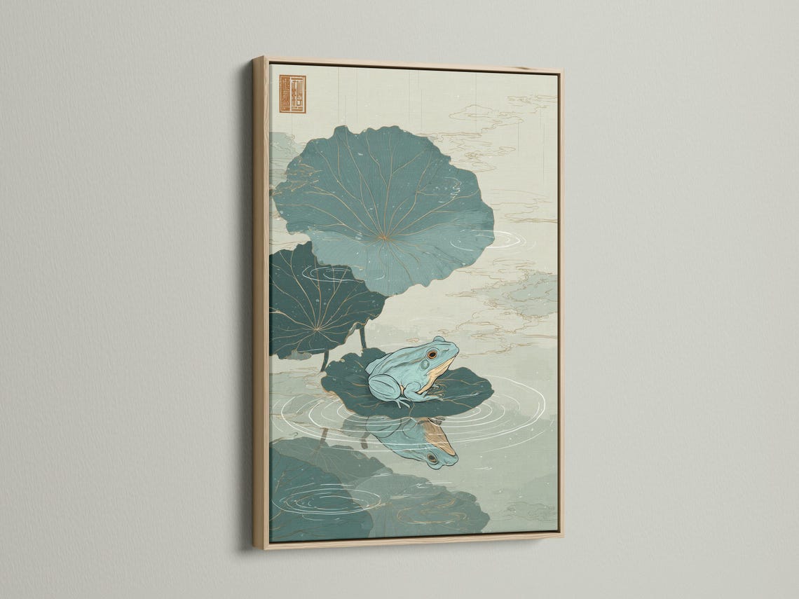 Framed pond illustration with lily pads and two frogs on a wall mockup