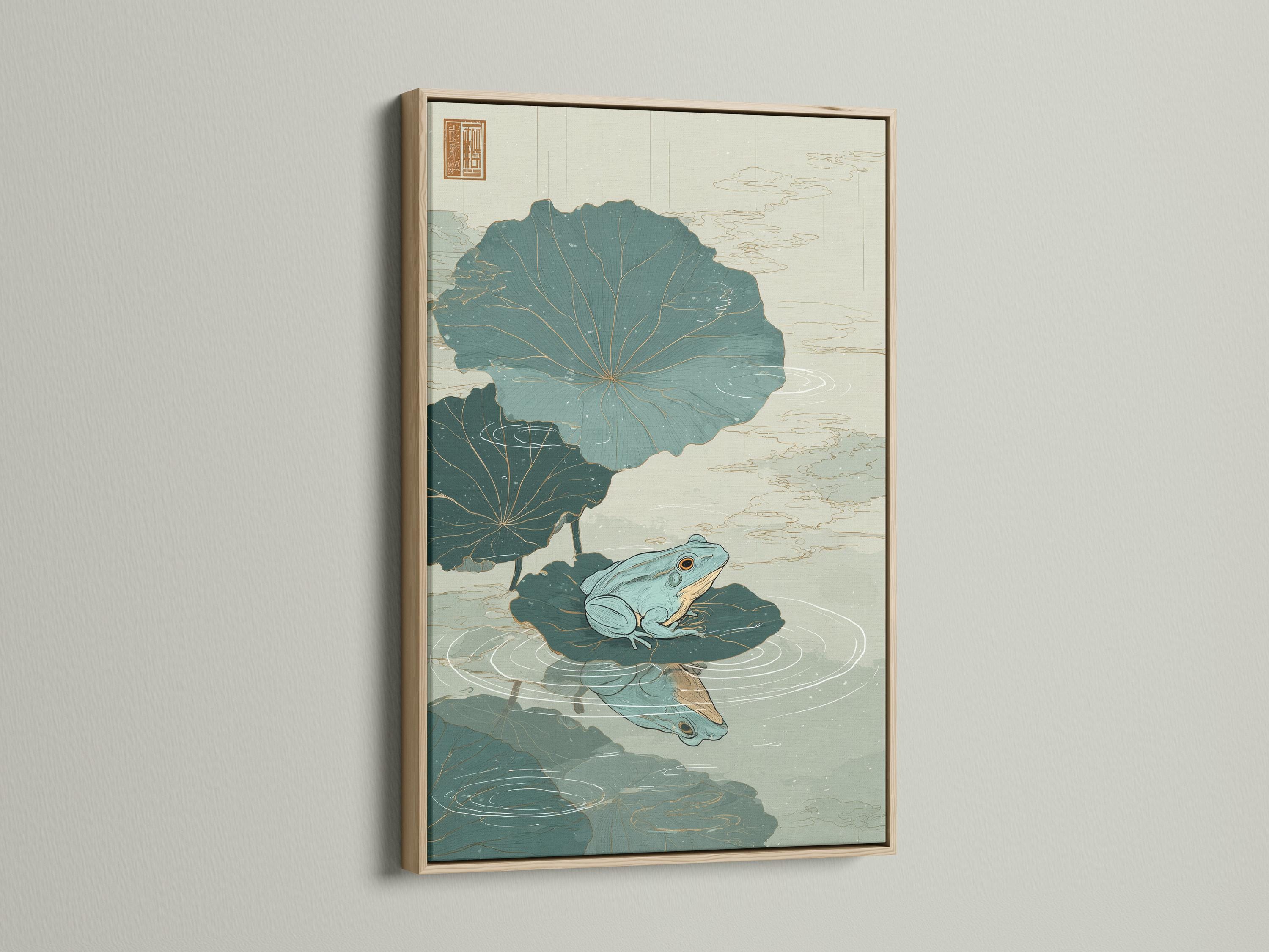 Framed pond illustration with lily pads and two frogs on a wall mockup