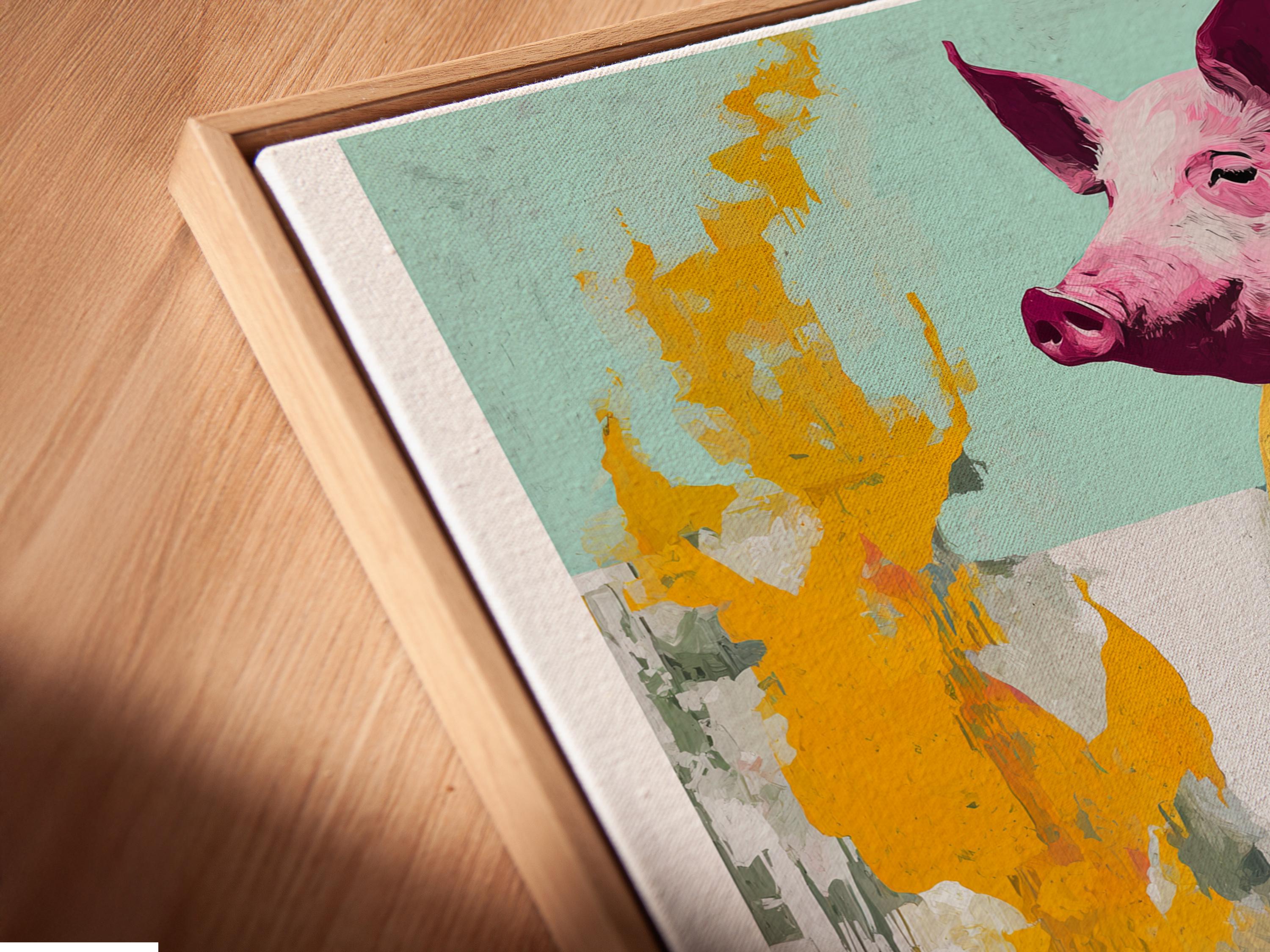 Quirky pig chef illustration by a grill with yellow flames and a mint green background detail view