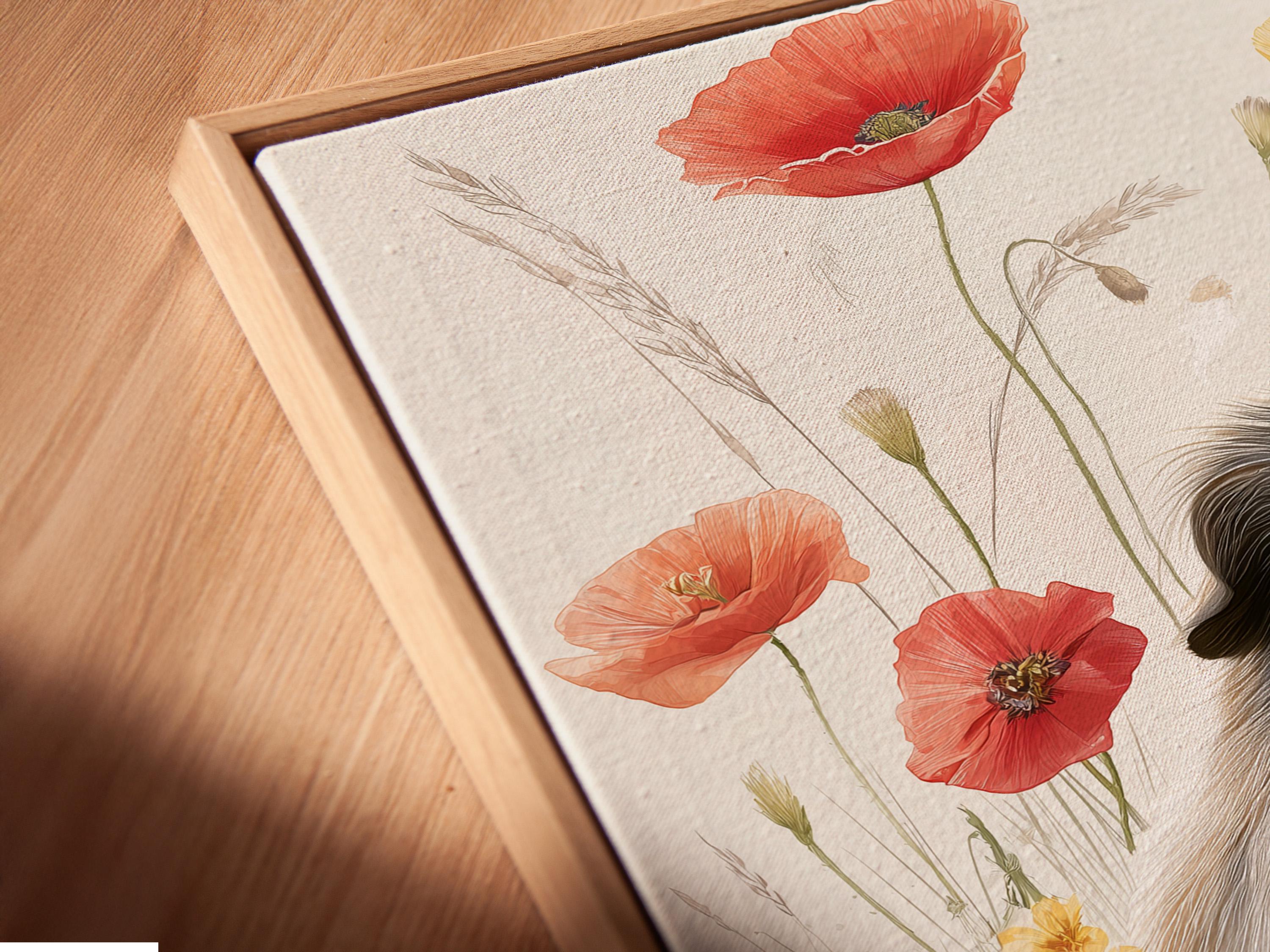 Guinea pig resting in a wildflower meadow with daisies, poppies and blue flowers detail view
