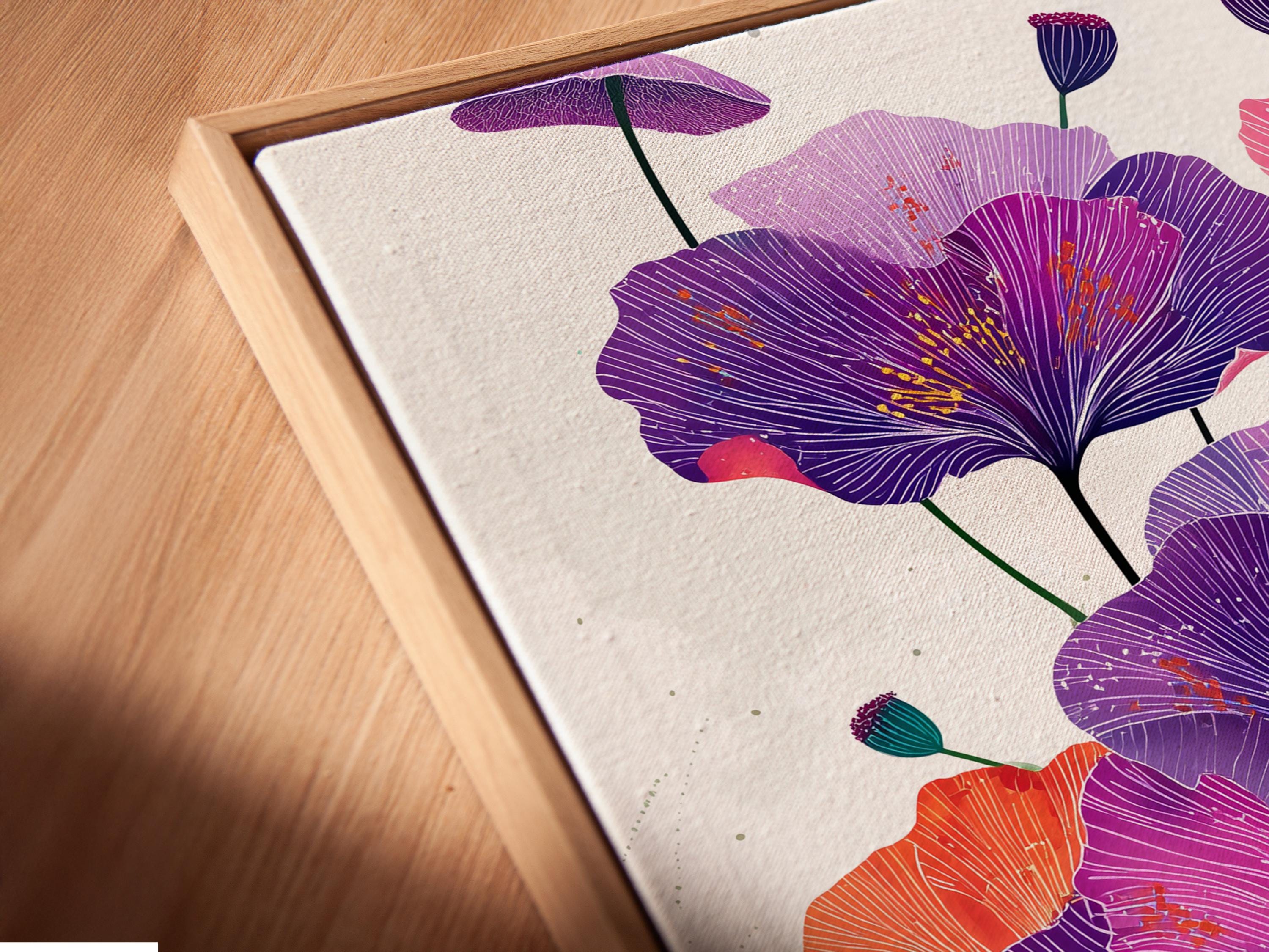 Botanical wall art showing purple flowers with teal leaves and pink accents in a framed layout