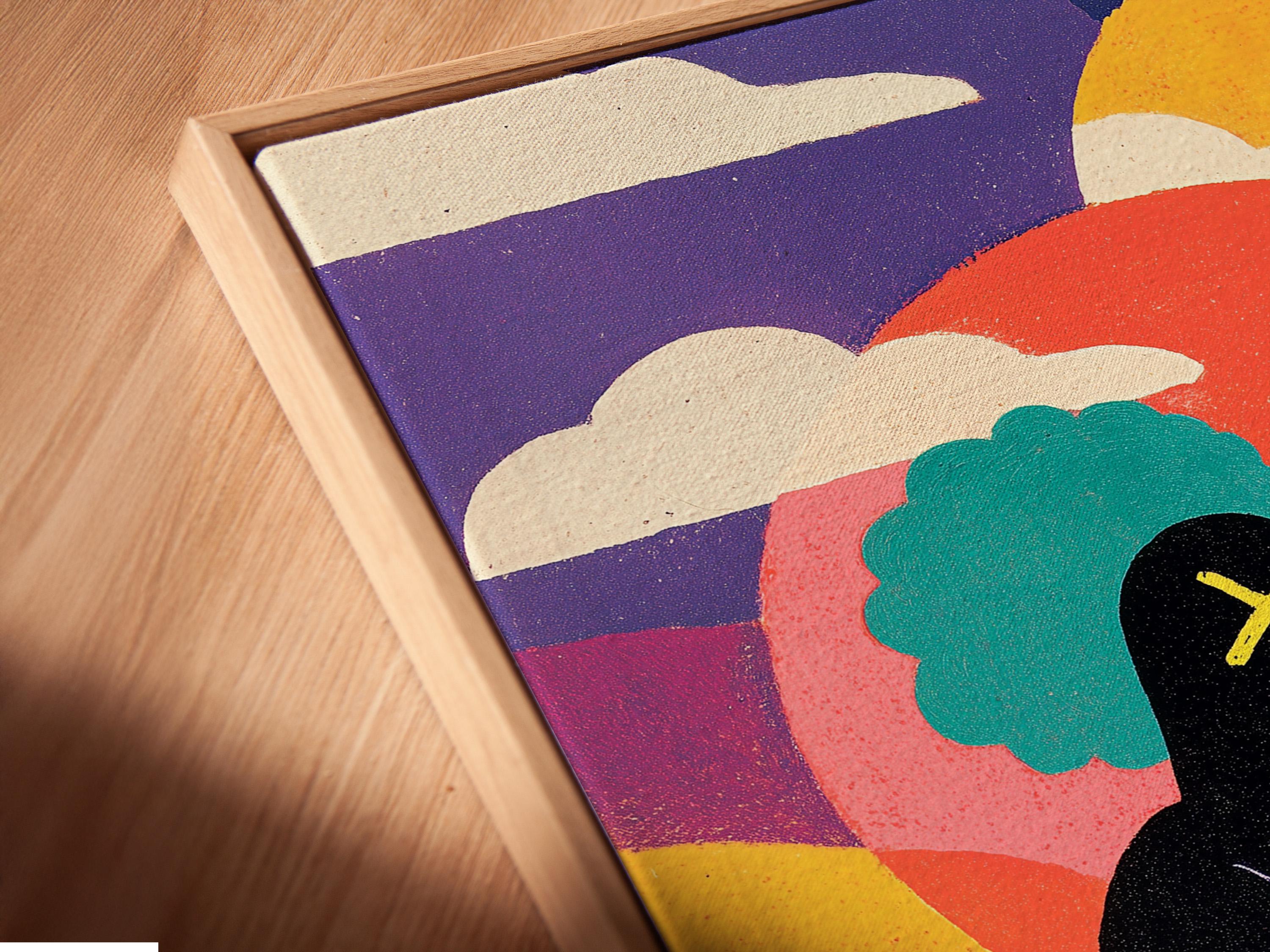 Mockup showing a framed artwork of a colourful sunset couple silhouette on a white wall