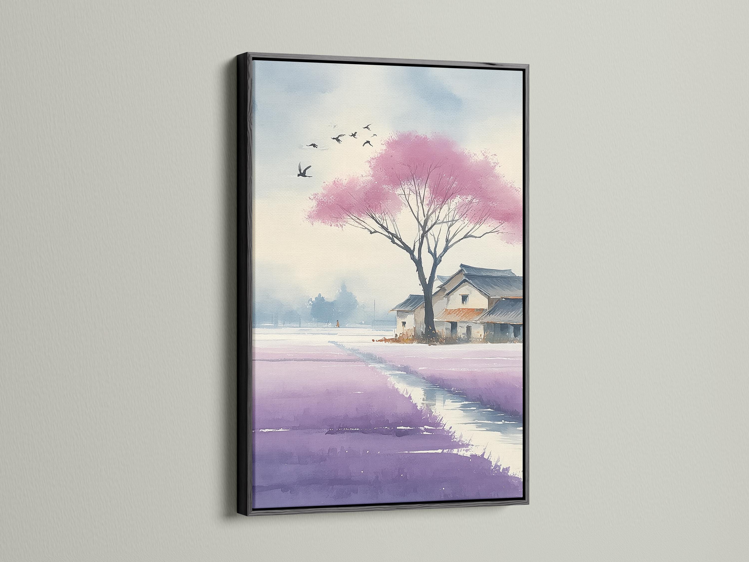 Blossoming pink cherry blossom tree landscape with birds and distant houses detail view