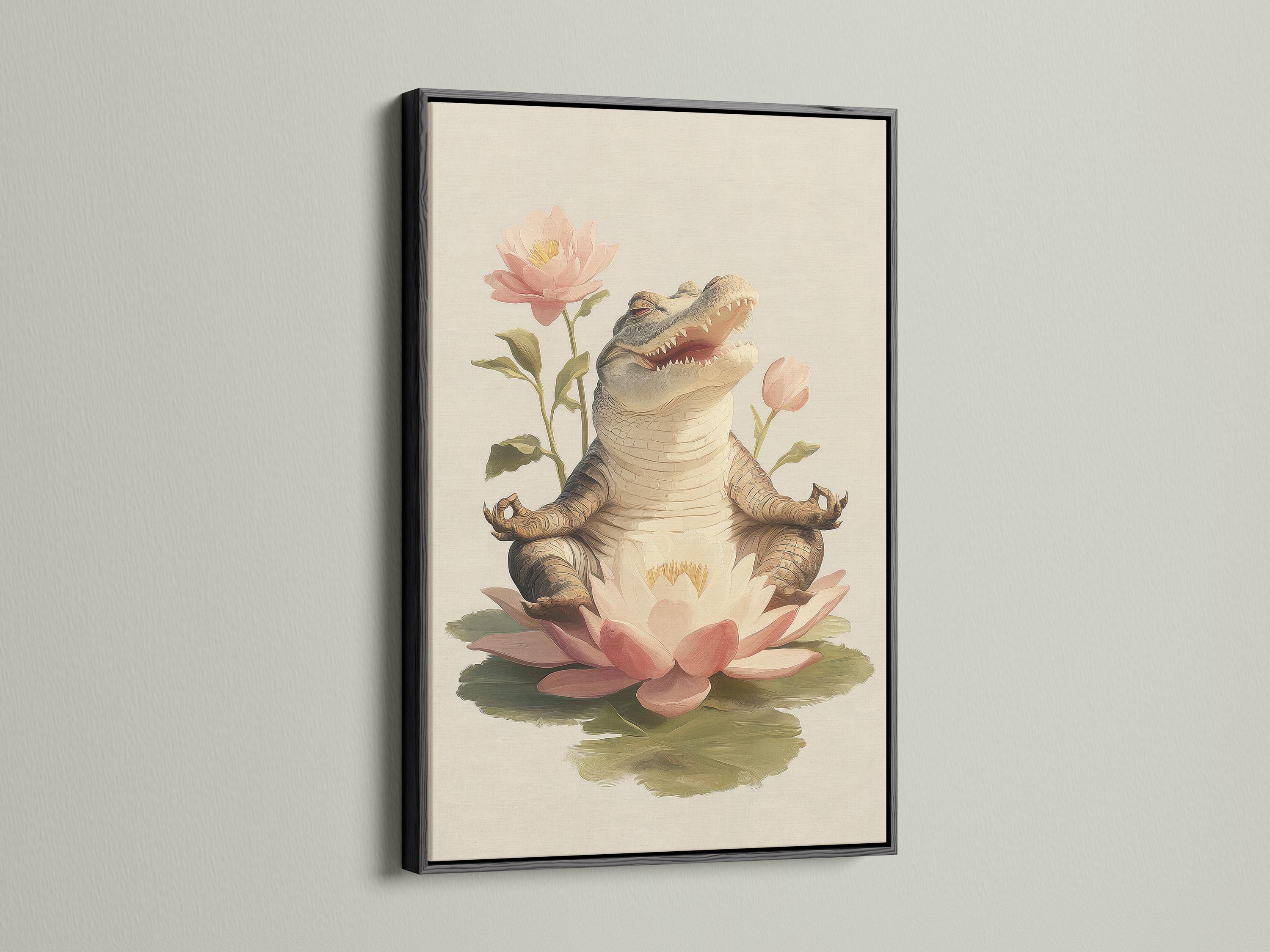 Grey alligator resting on pale pink and cream lotus flowers with green leaves on a light background detail view