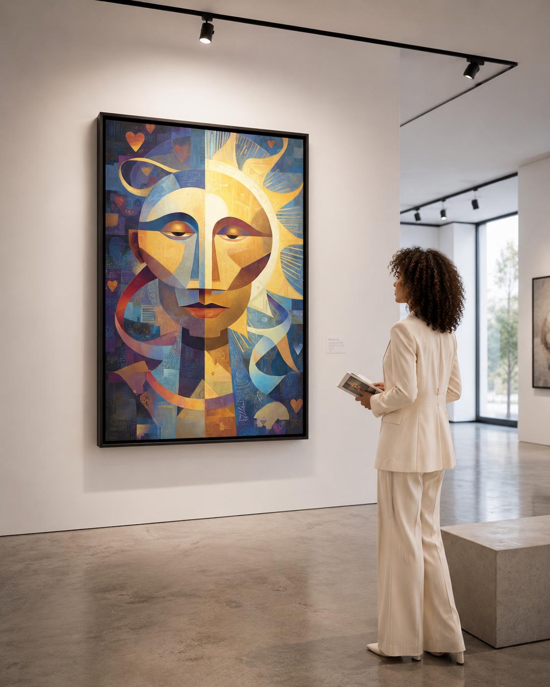 Geometric abstract face with a golden sunburst centre, blue and gold shapes, and small heart motifs detail view