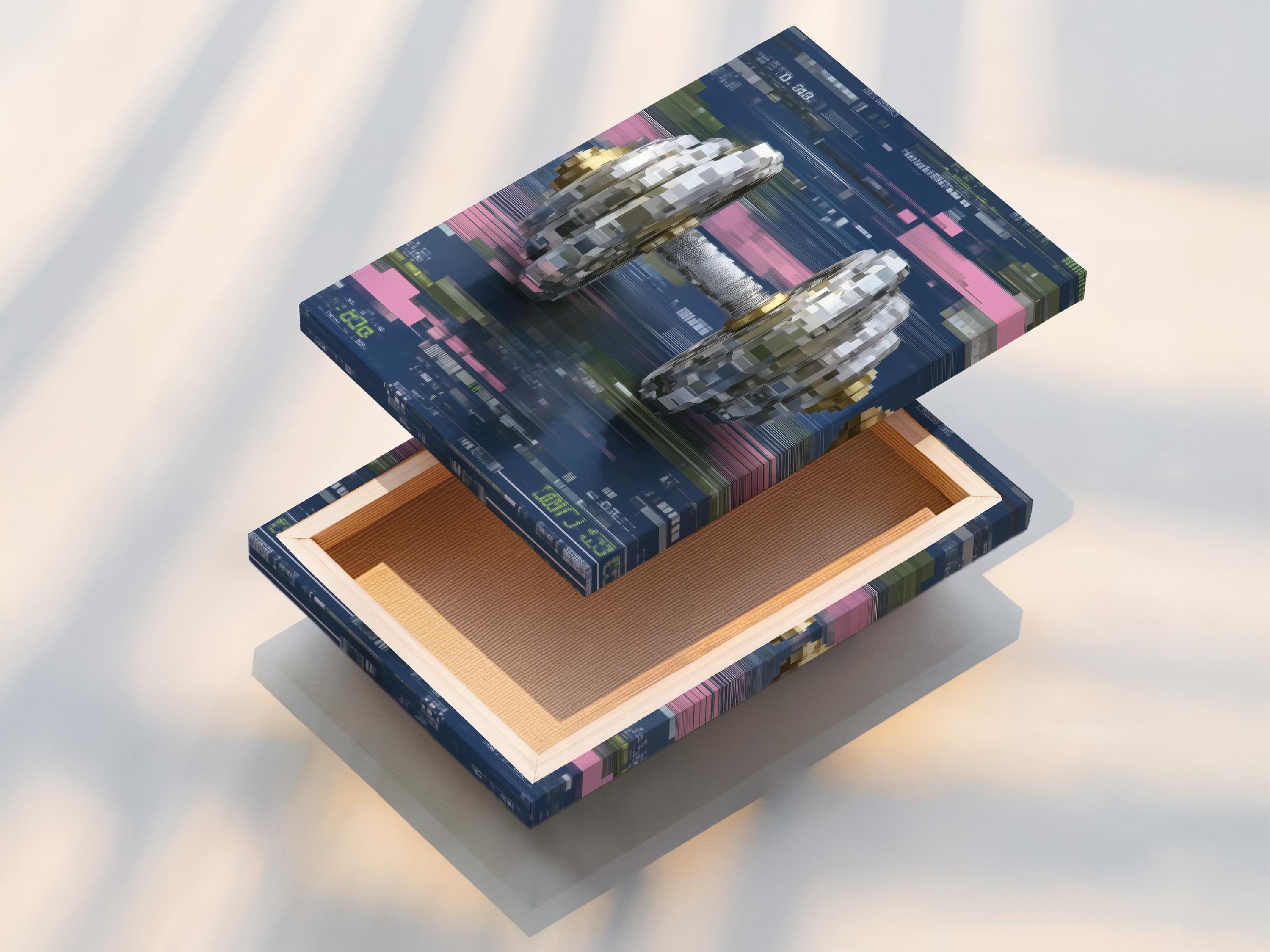 Room mockup showing framed glitch-style dumbbell artwork on a light wall