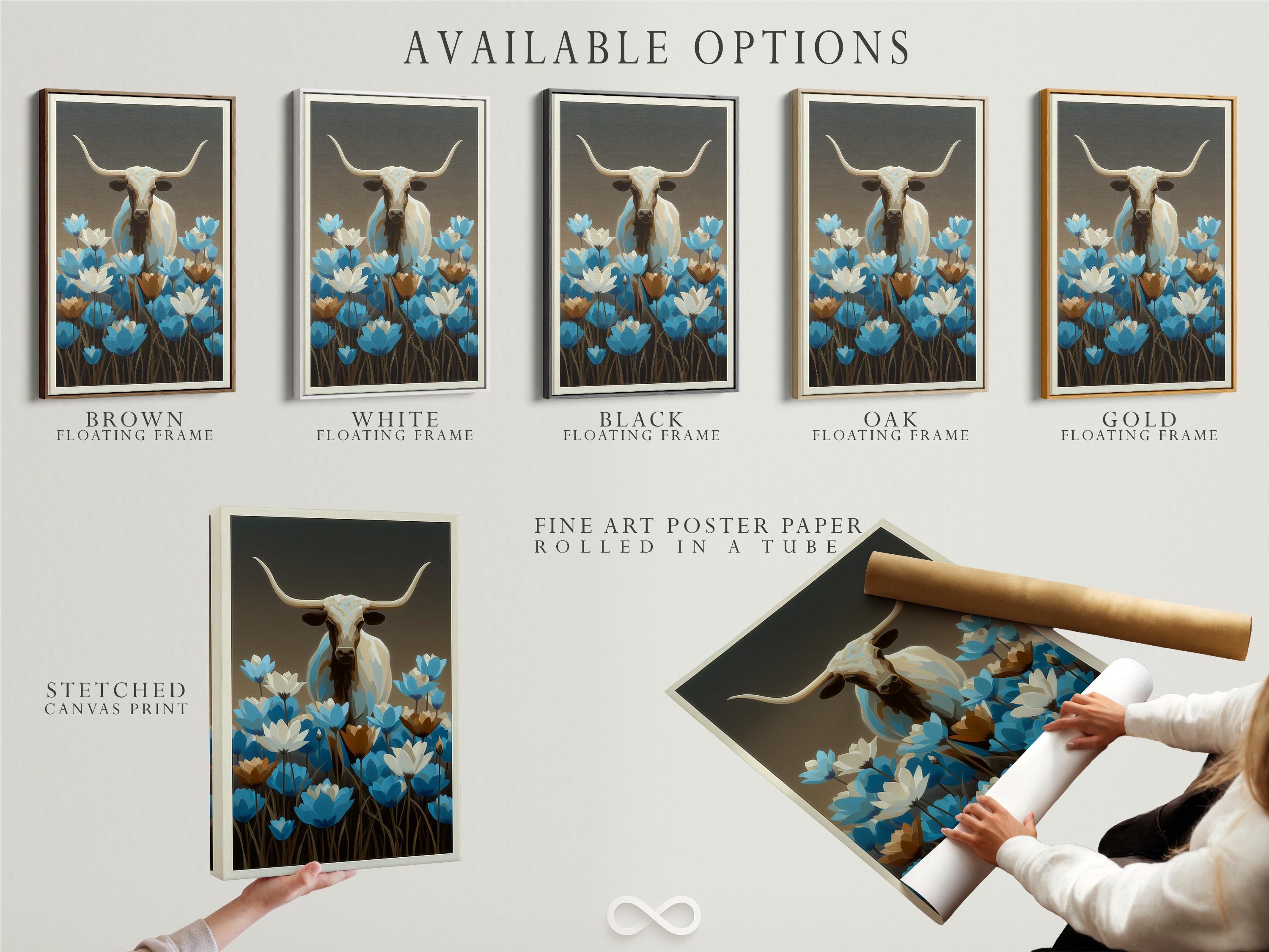 Longhorn bull artwork mockup on a wall with wildflowers and a framed design