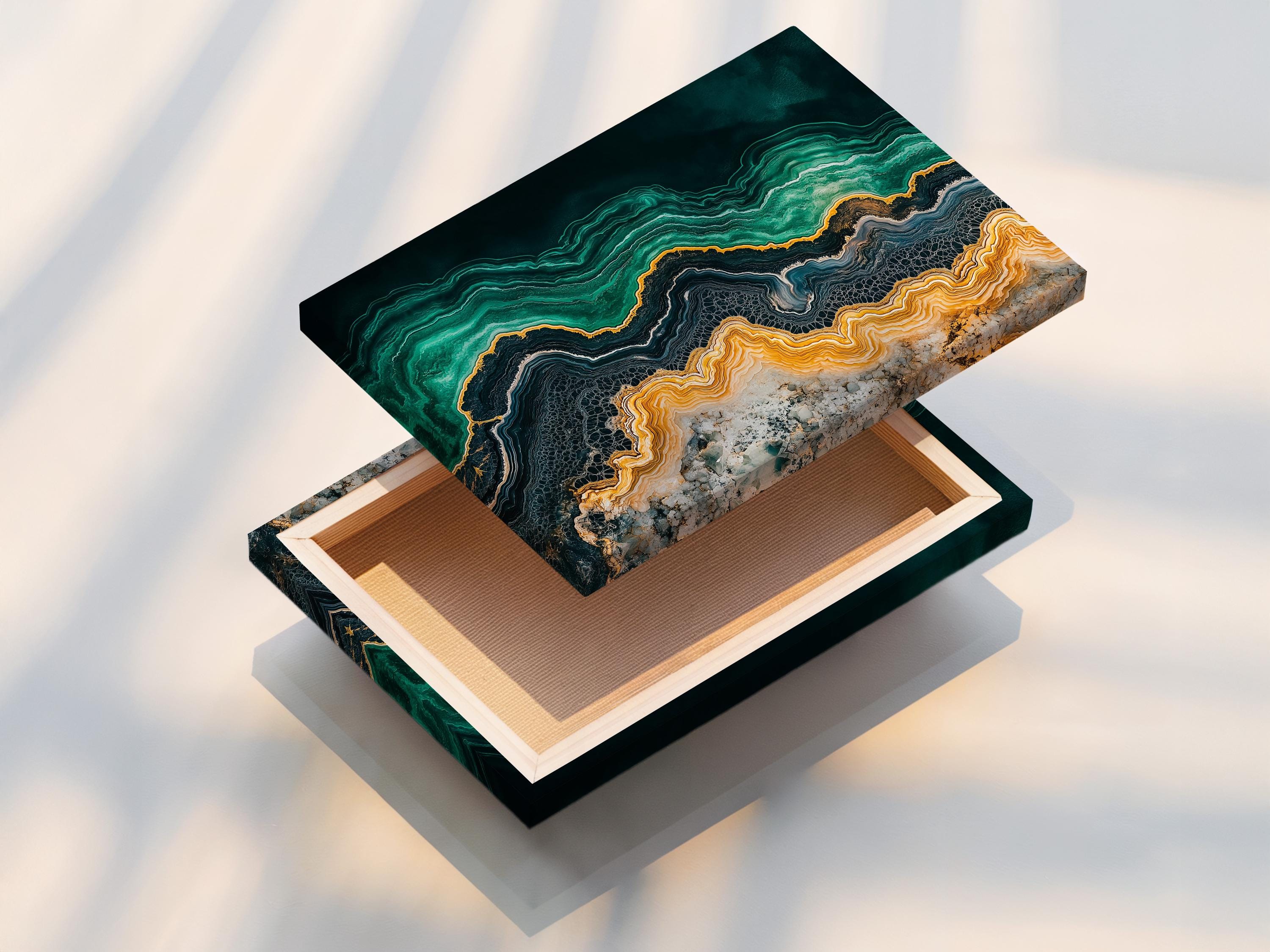 Office room mockup featuring a teal and gold abstract agate-style artwork on a wall