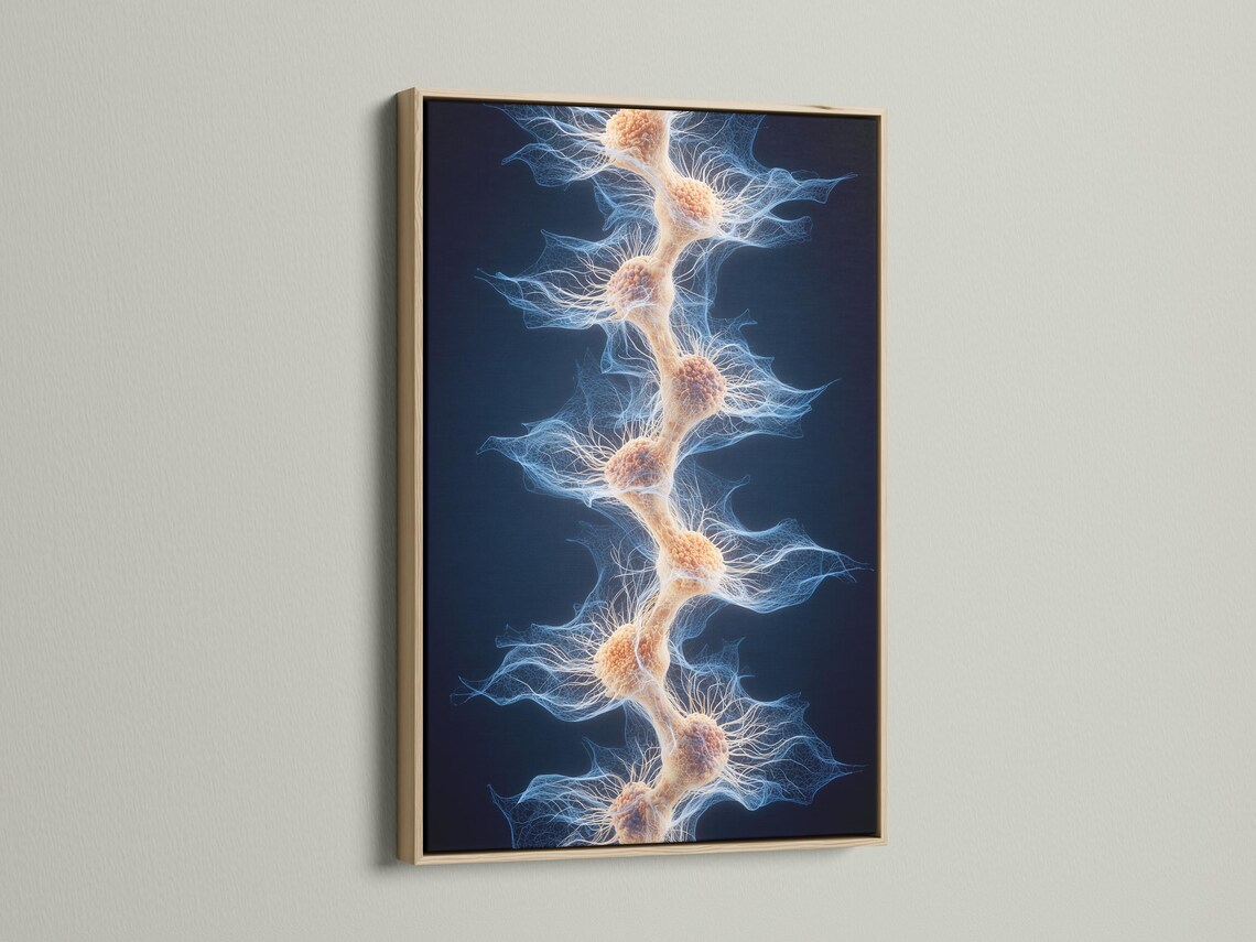 Dark navy abstract filament network with pale blue lines and beige nodes detail view